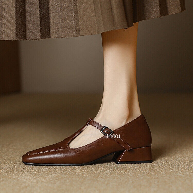 Vintage Faux Leather Mary Jane Womens Low Heels Square Toe T-Strap Shoes OL Pump