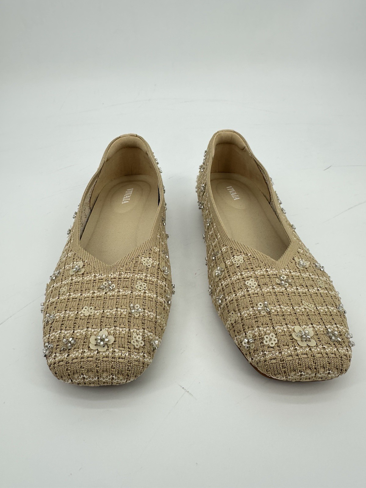VIVAIA Margot 2.0 Square Toe V-Cut Knit Flats Beige Floral EU 39 US 8 NIB