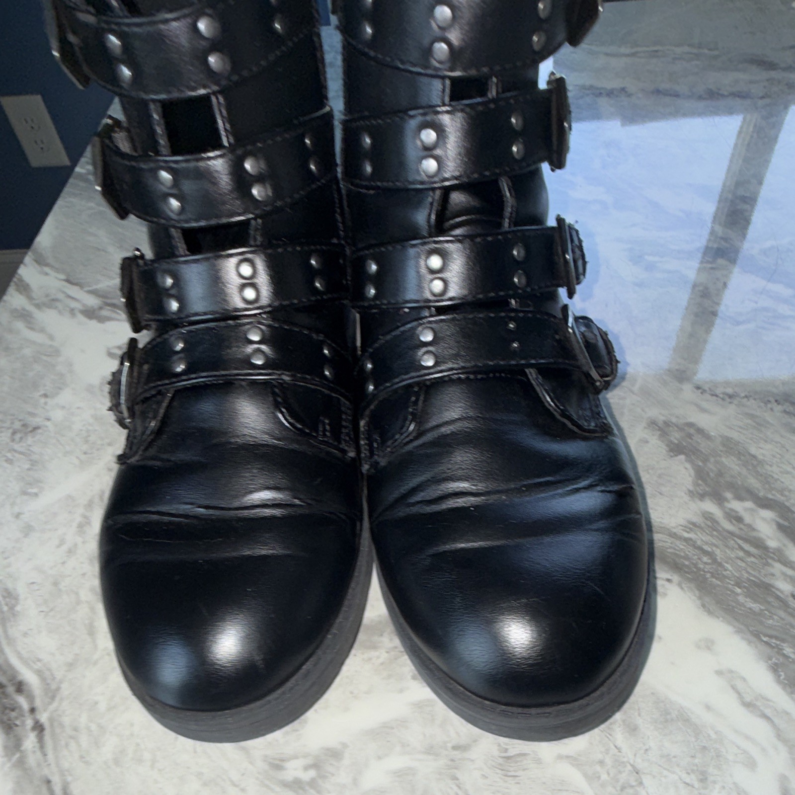 Black Leather Ankle Bootie Multi-Buckle Straps Studded Zip Round Toe 10