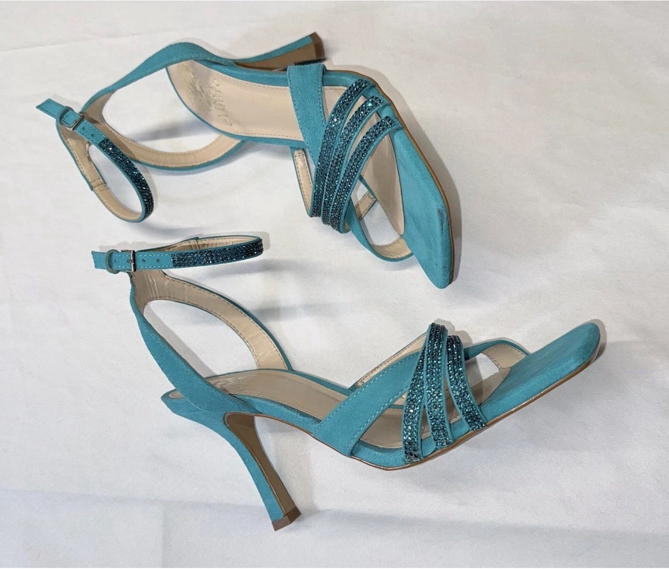 Vince Camuto Blue Leather Rhinestone Ankle Strap Square Toe Heels Womens 7.5