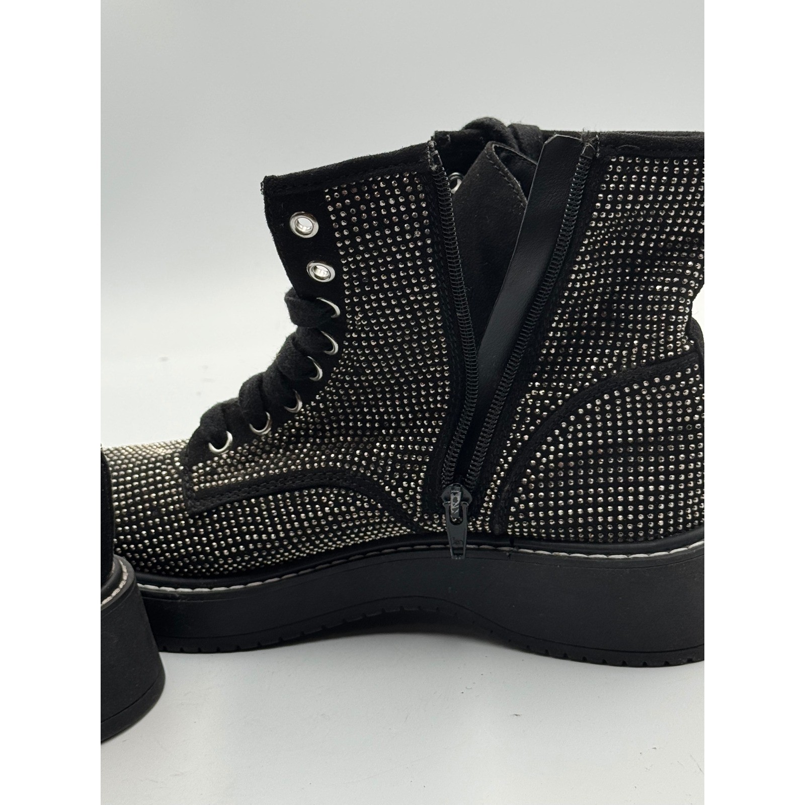 Black Rhinestone Studded Platform Combat Boots Lace Up Side Zip Edgy Glam