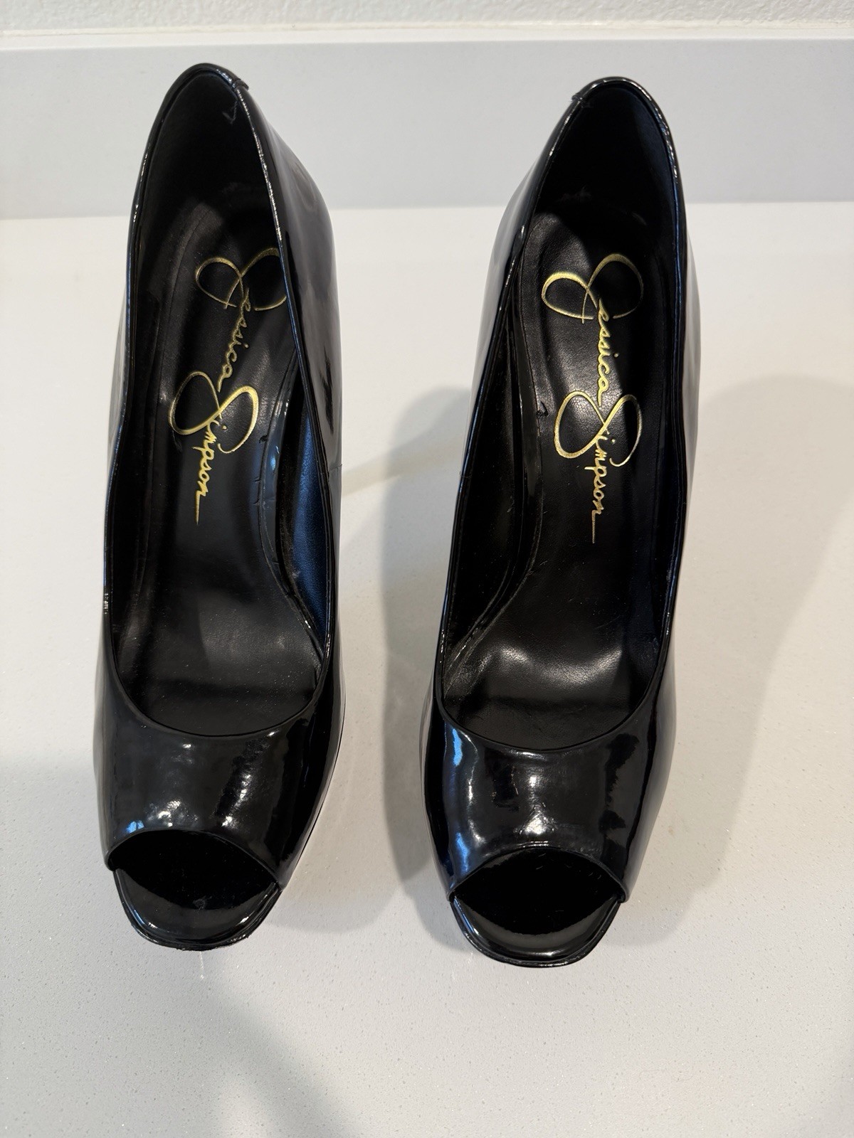 Jessica Simpson Black Patent Leather Peep Toe Platform Heels Pumps 8.5 B EU38.5