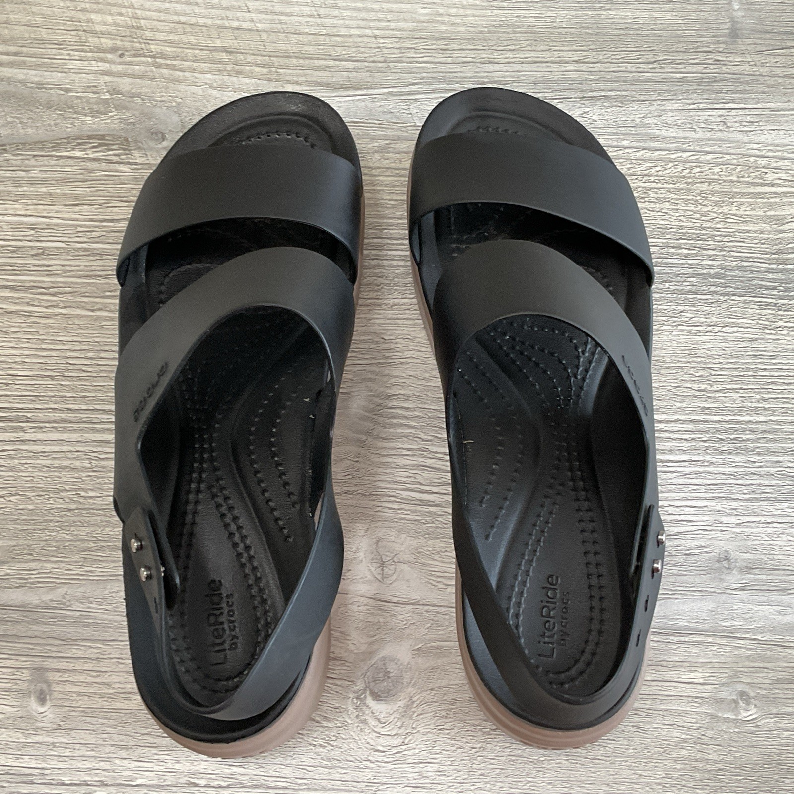 Crocs Literide Brooklyn Platform Black Slingback Beige Wedge Sandle Women’s 9 US