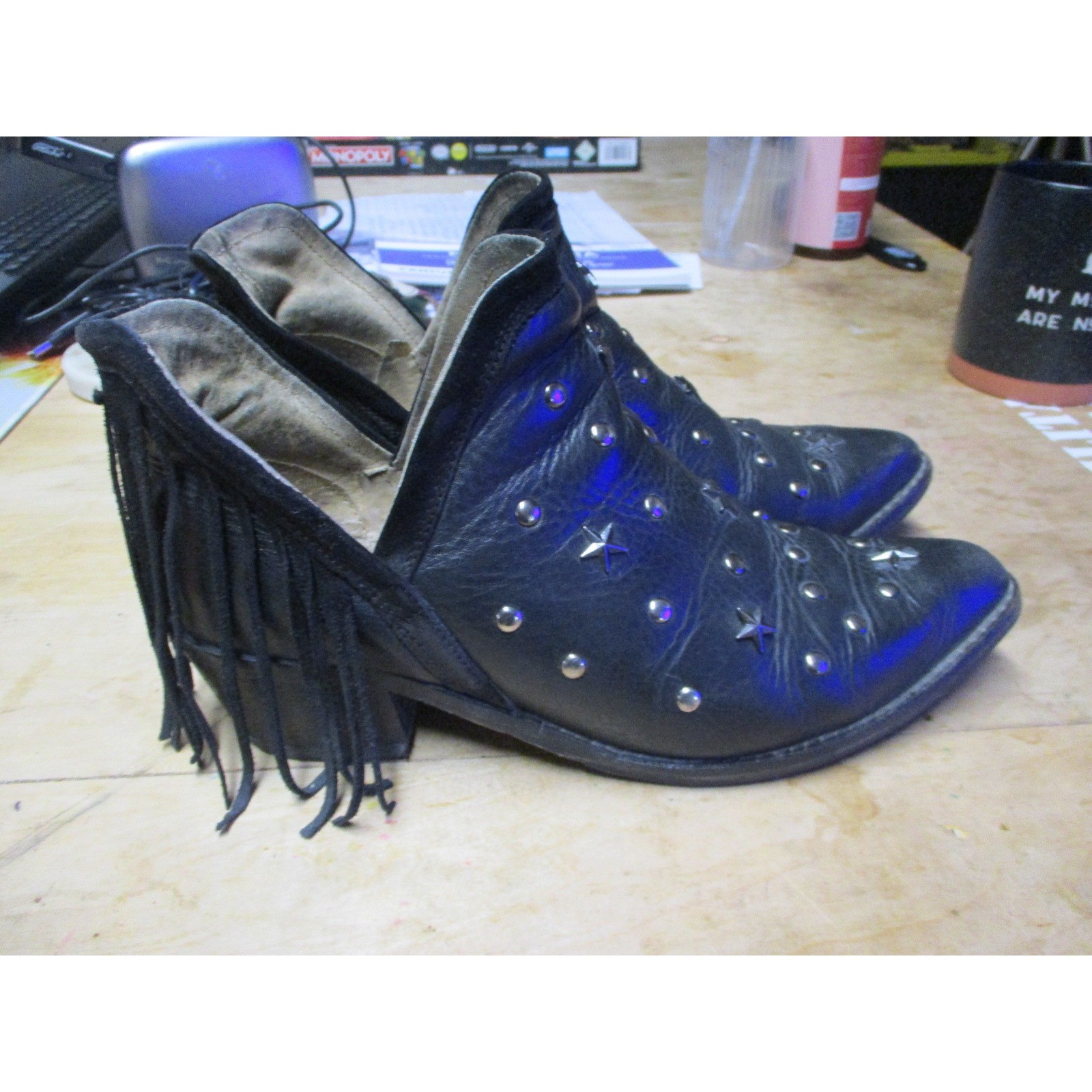 Black Leather Star Studded Pointed Toe Ankle Boots Leopard Print Lining Womens