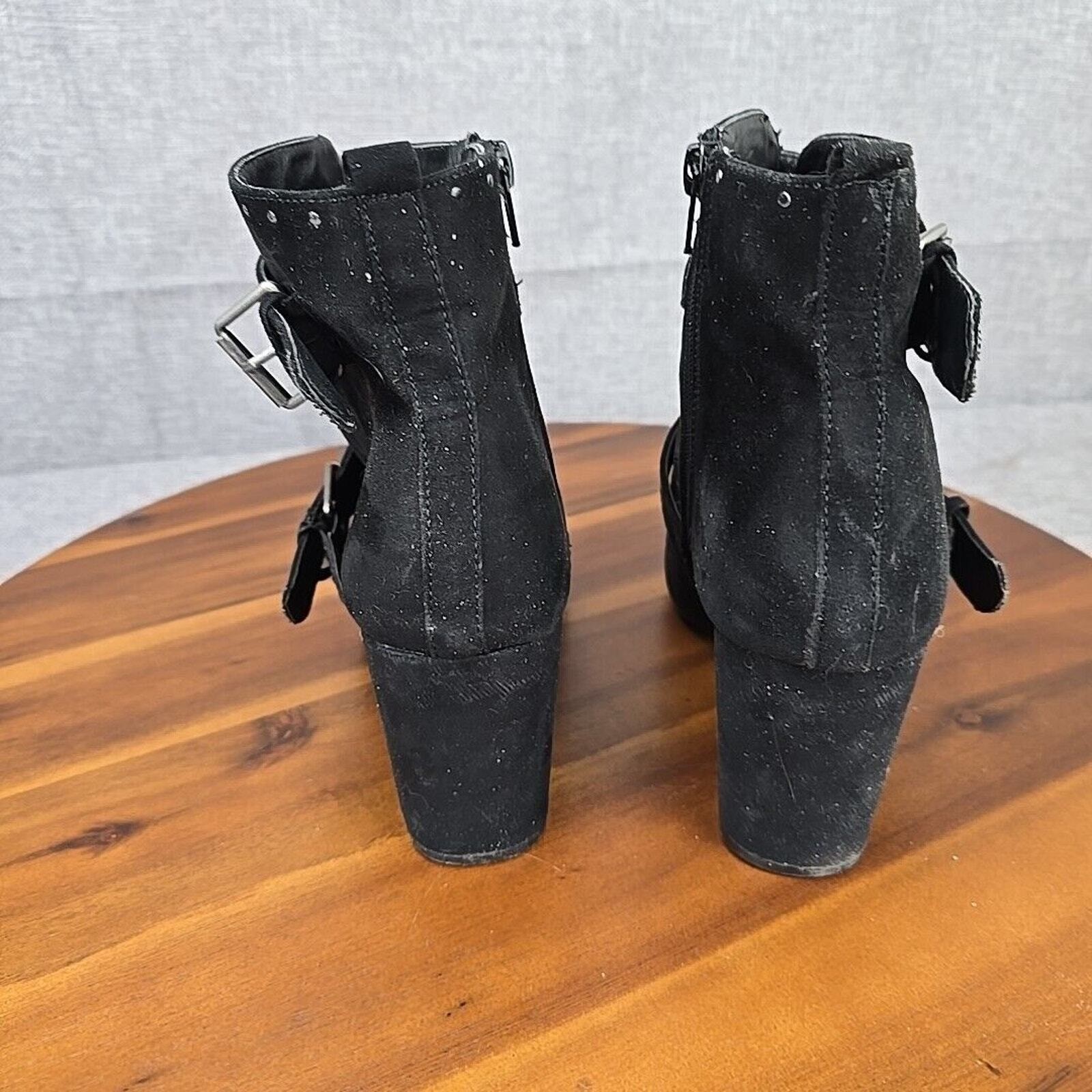 Myra Black Studded Buckle Ankle Boots Womens 10 Block Heel Grommet Booties Edgy