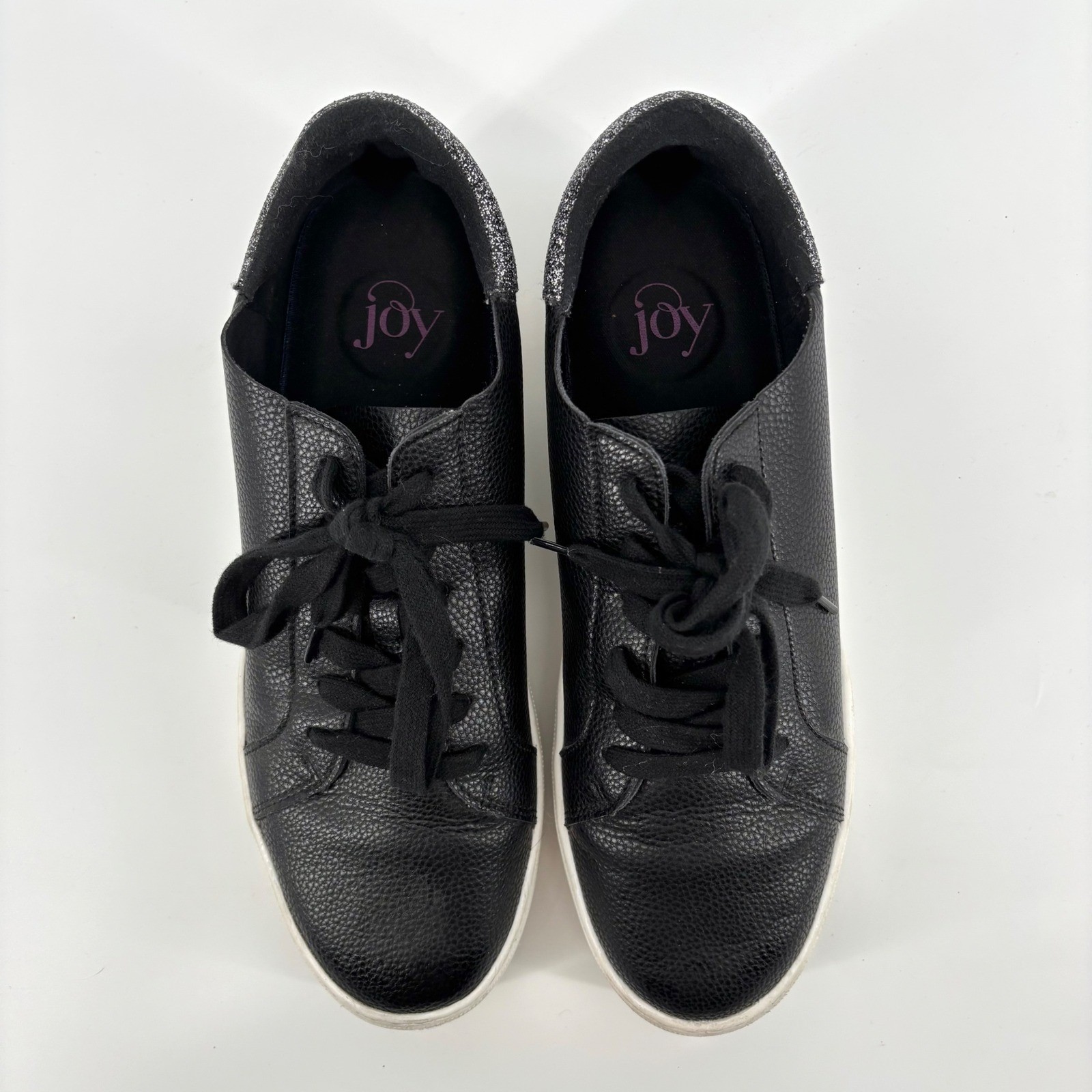 Joy Platform Comfort Leather Sneakers Size 10W Black White Glitter Heel Casual