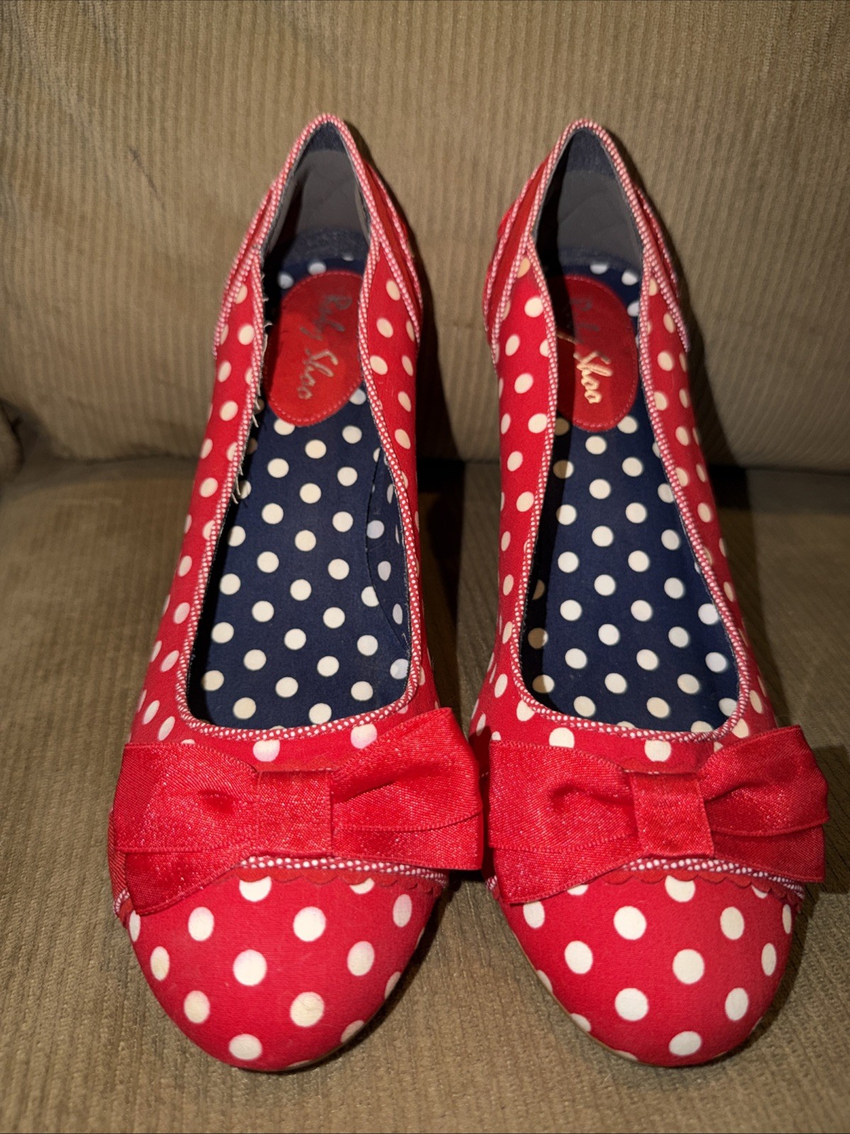RUBY SHOO Women’s 9 Mid Heel Court Shoe With Bow Red White Blue Polka Dot EU40