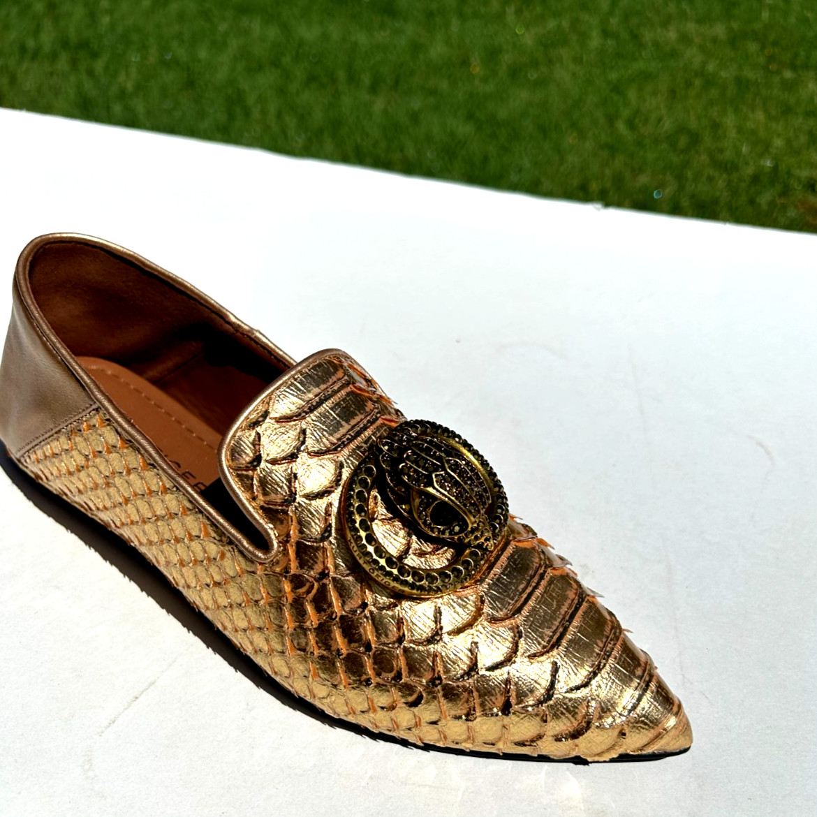Kurt Geiger London Chelsea Point Flats 9 EU 40 Gold Snake Leather w/Eagle NEW