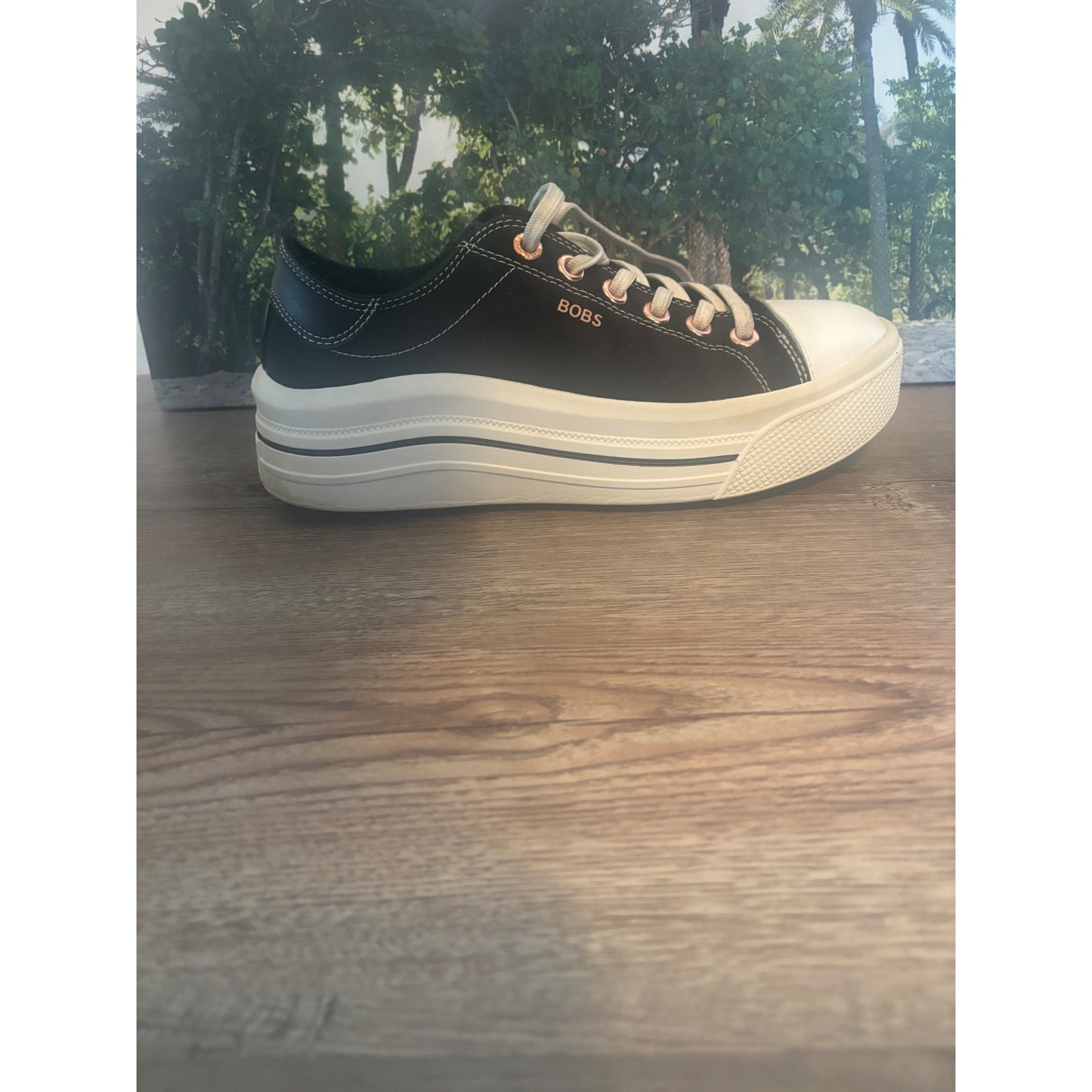 Skechers BOBS B Cute Black Platform Sneakers Rose Gold Eyelets Memory Foam
