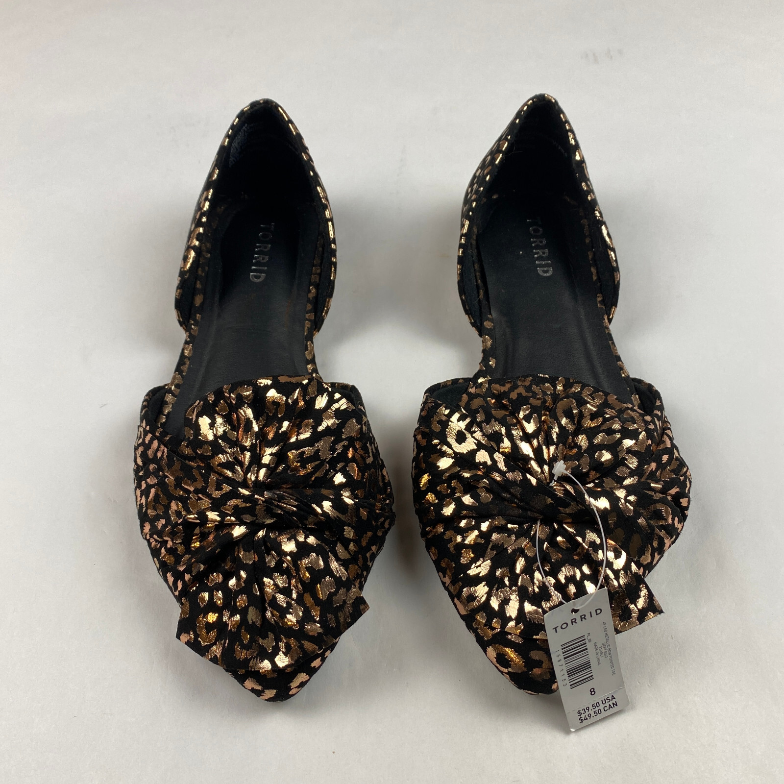 NWT Torrid Flats Black Metallic Gold Bow Leopard Print Shoes Women’s Size 8WW