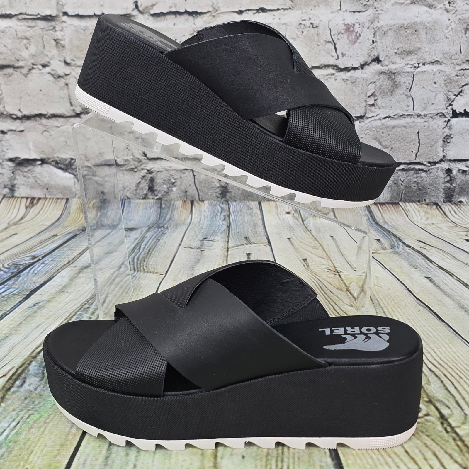 Sorel Cameron Flatform Mule Womens 7.5 Black Leather Wedge Sandal NL4632-010