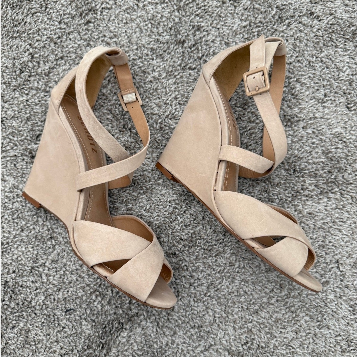 Schutz Wedge Strappy Sandals Beige Nubuck Size 8