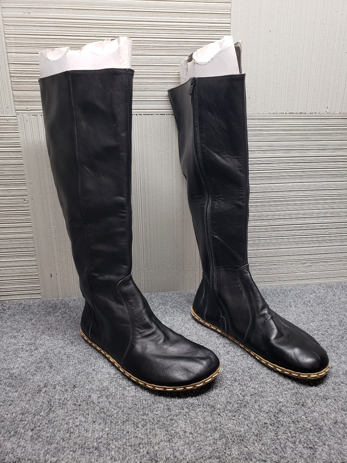Atlantis Women Boots 13.5 Black Leather Side Zip Handmade High Knee Comfort Shoe