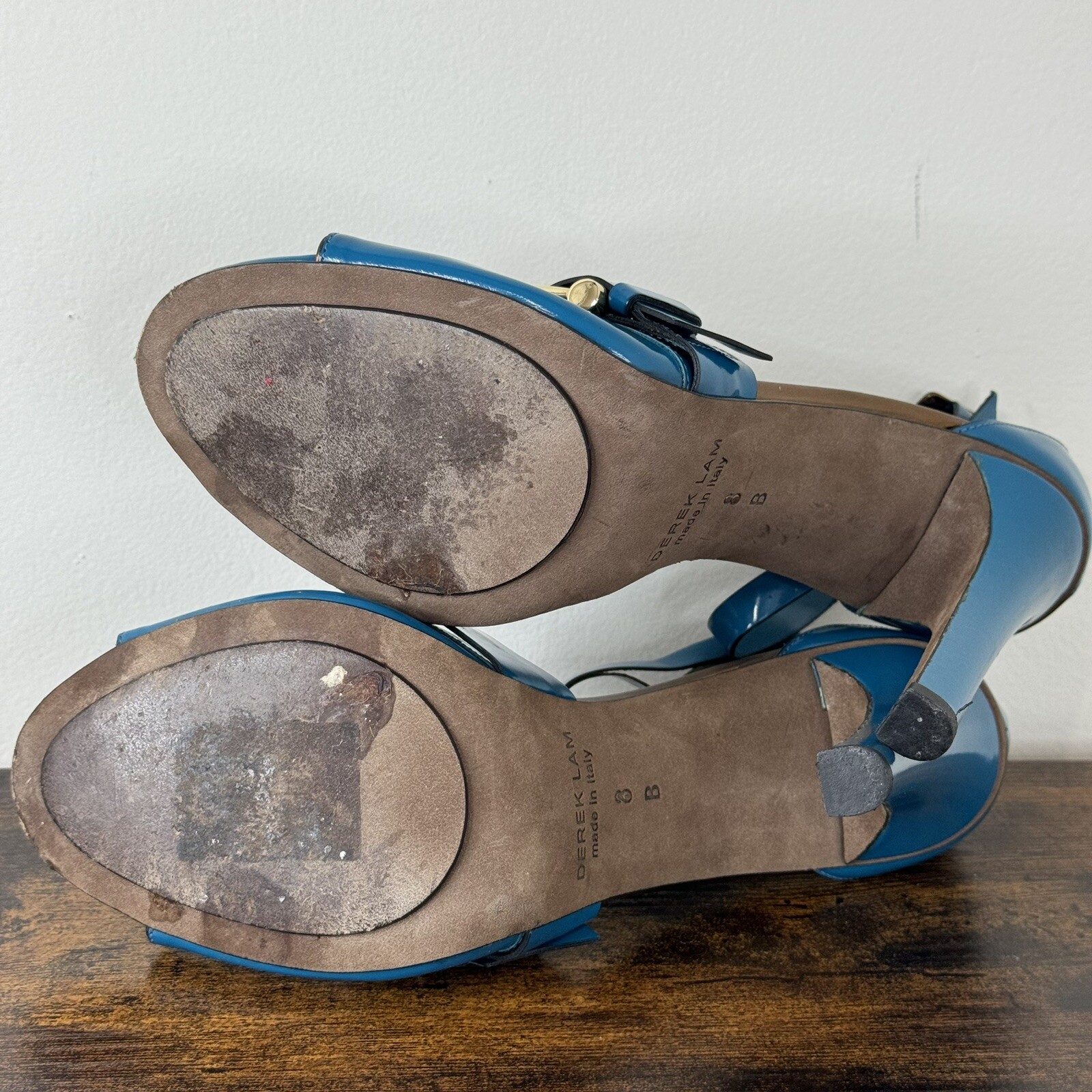 Derek Lam Patent Leather Stiletto Sandals Size 8B Teal Gold Buckle