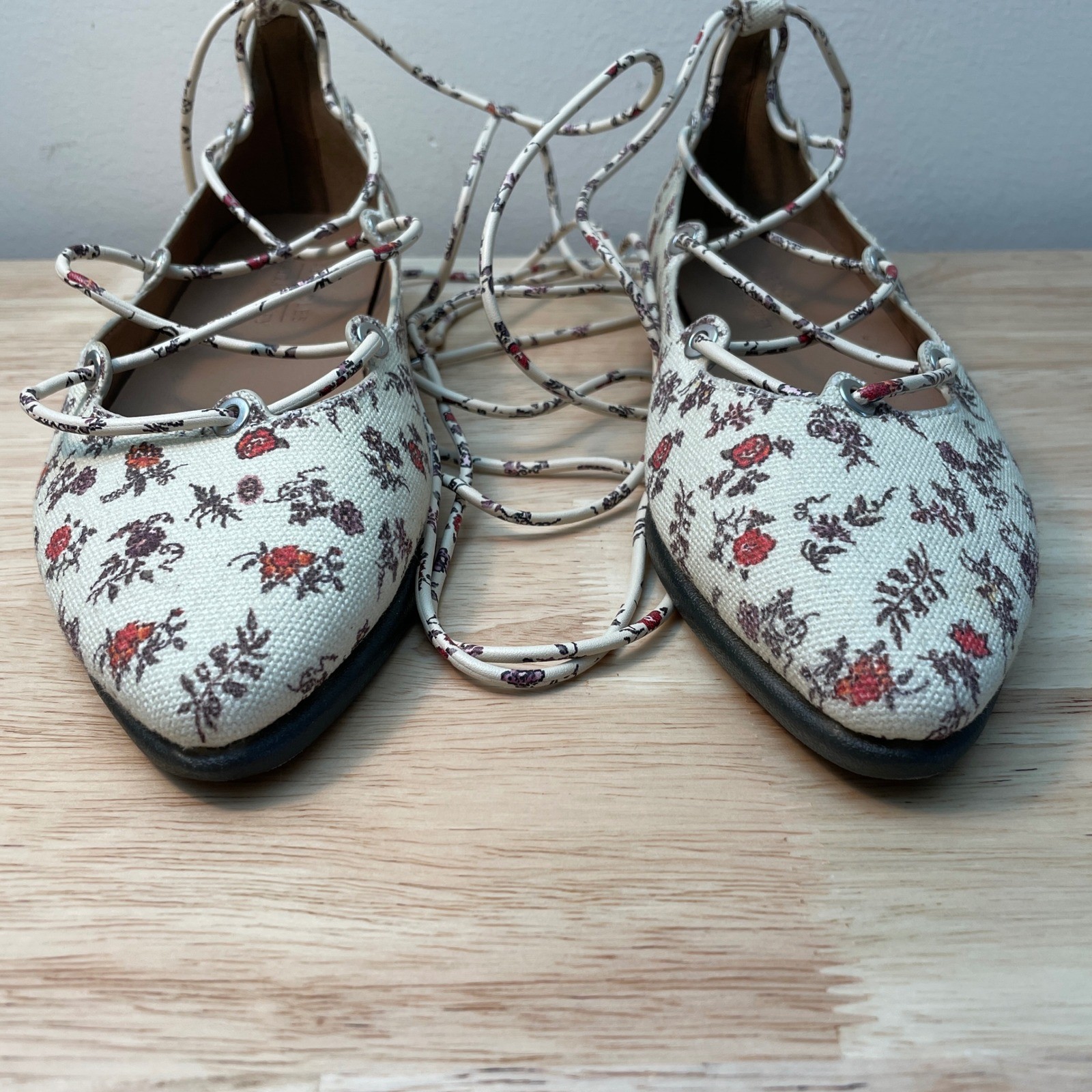 Aerosoles Aware Laura Ashley Floral Lace Up Ghillie Ballet Flats Cream Red 6.5