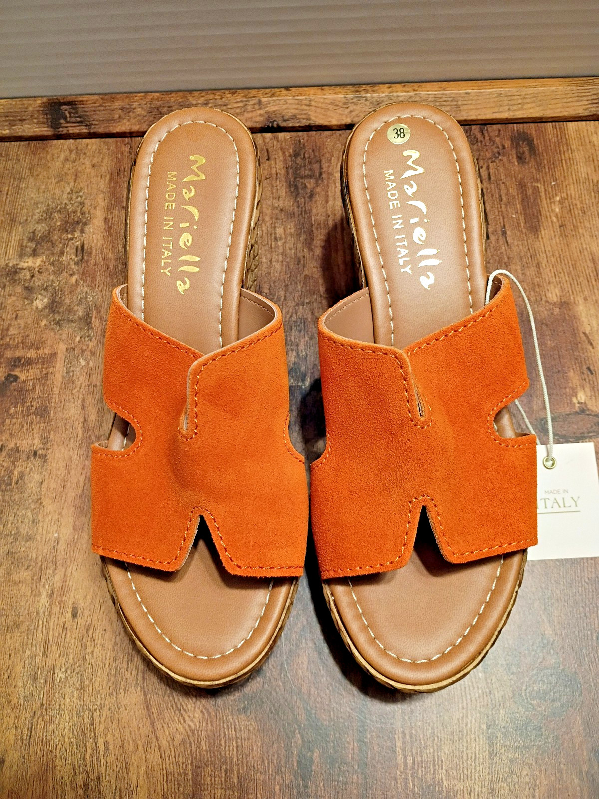 Mariella Orange Suede Wedge Sandals «H» cut design Made In Italy – Size 38