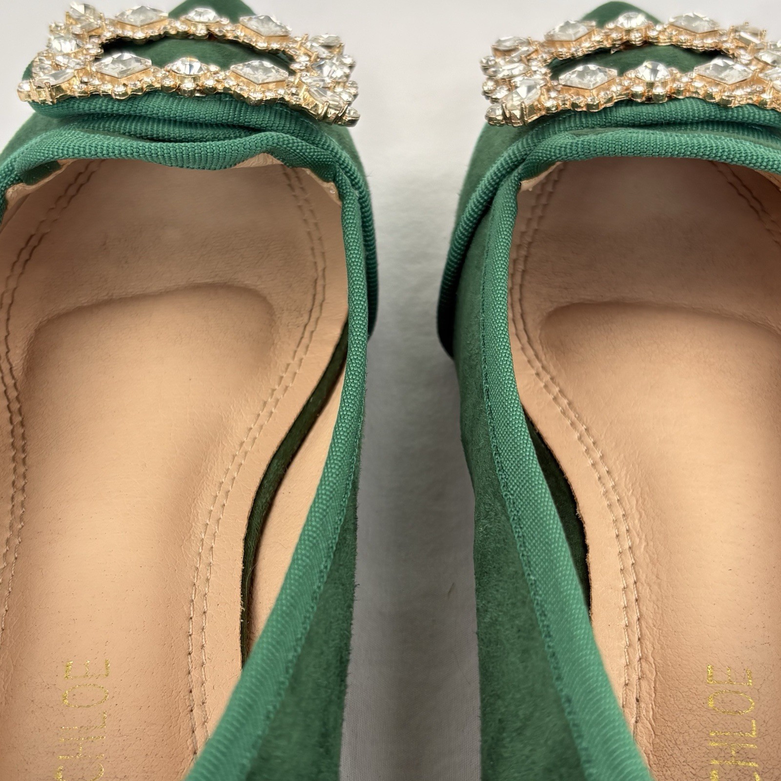CHASE+CHLOE Kelly Green «James» Point Toe Flats Faux Suede Diamond Buckle Size 8