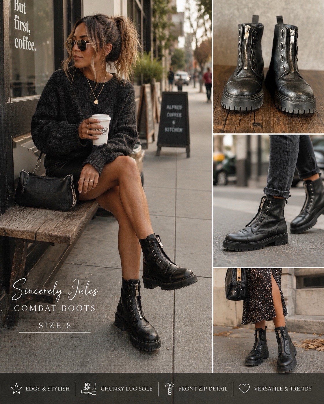 Sincerely Jules Women’s Black Combat Boots Zip Front Lug Sole Size 8