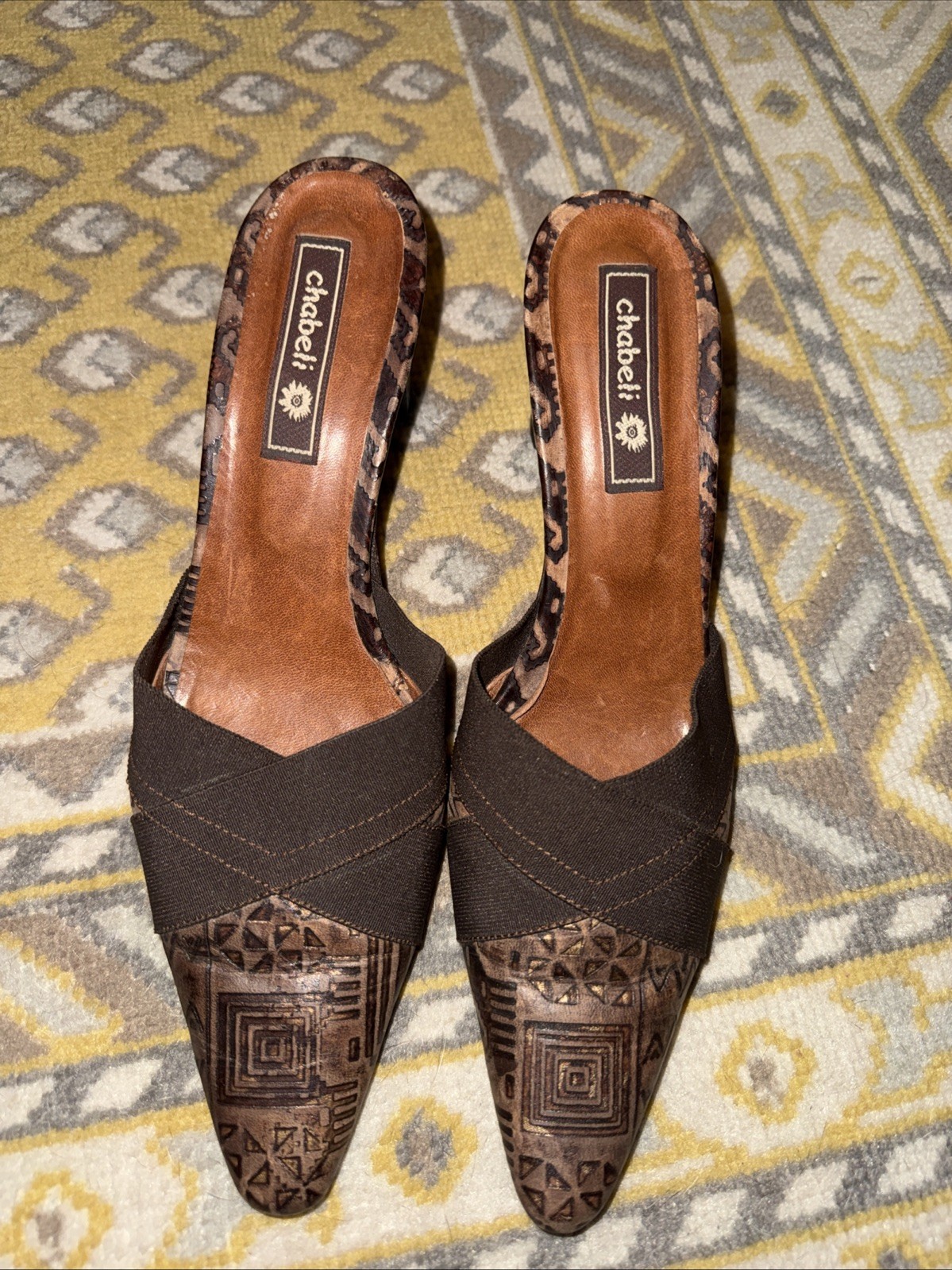 Chambeli Mule Brown Tribal Geometric Print Heels Pointed Toe Shoes 7.5/8