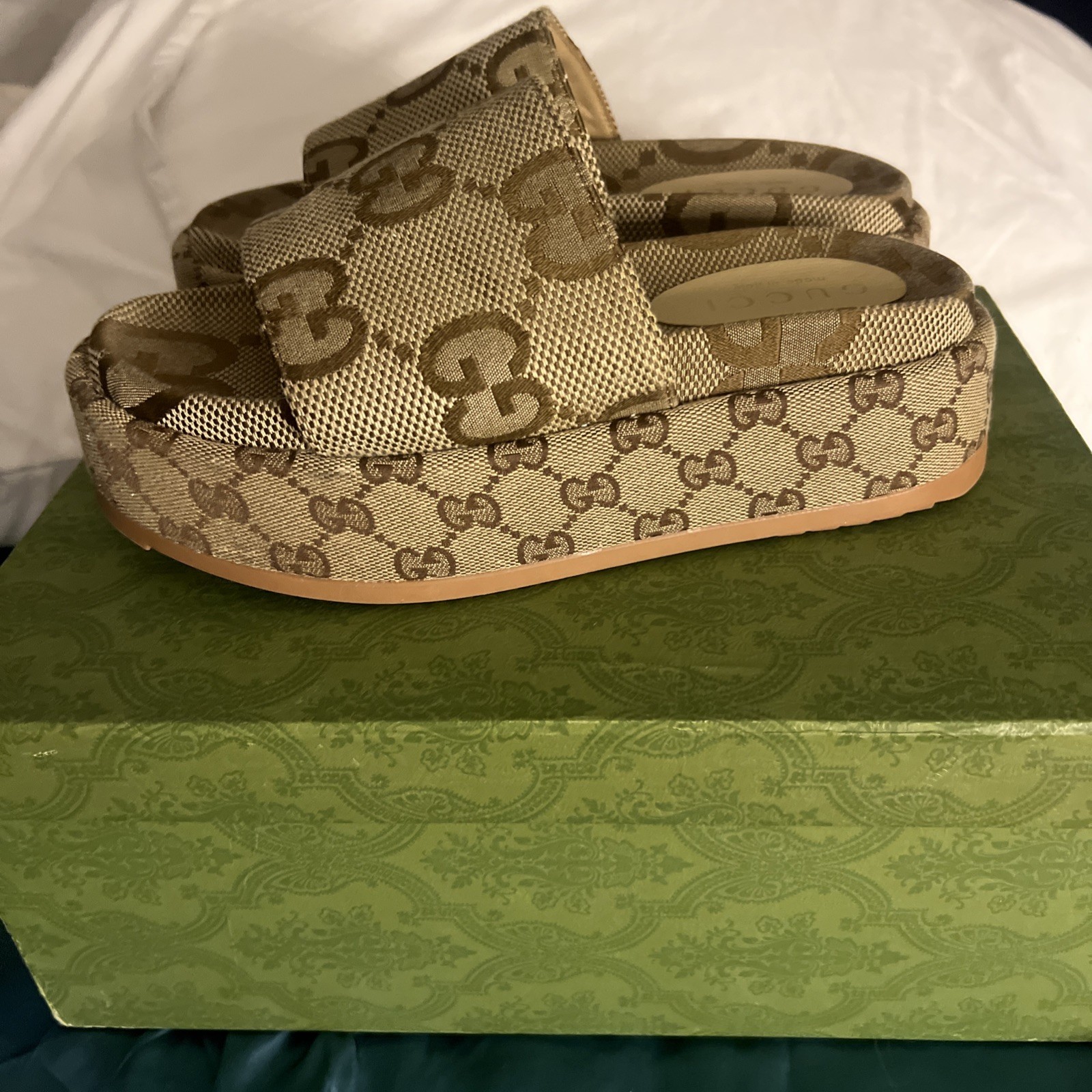 GUCCI Platform Slide Sandal- Camel & Ebony Maxi GG Canvas 35 / 5 US