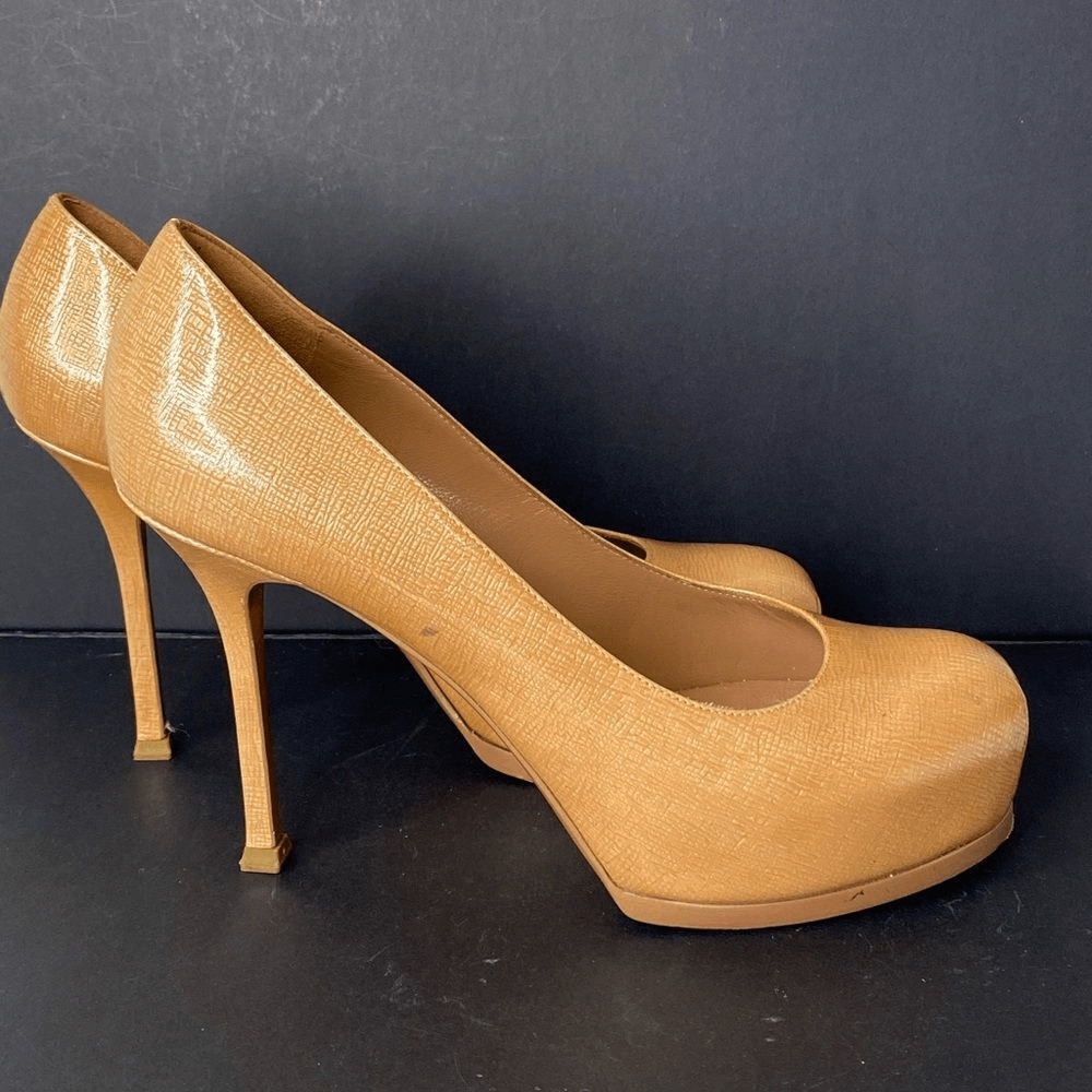 Yves Saint Laurent Tribtoo 80 Camel Tan Platform Stiletto Pumps