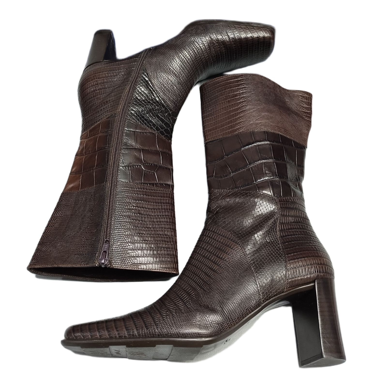 Via Spiga Mid Calf Boots Womens US 10M Brown Alligator Print Square Toe Side Zip