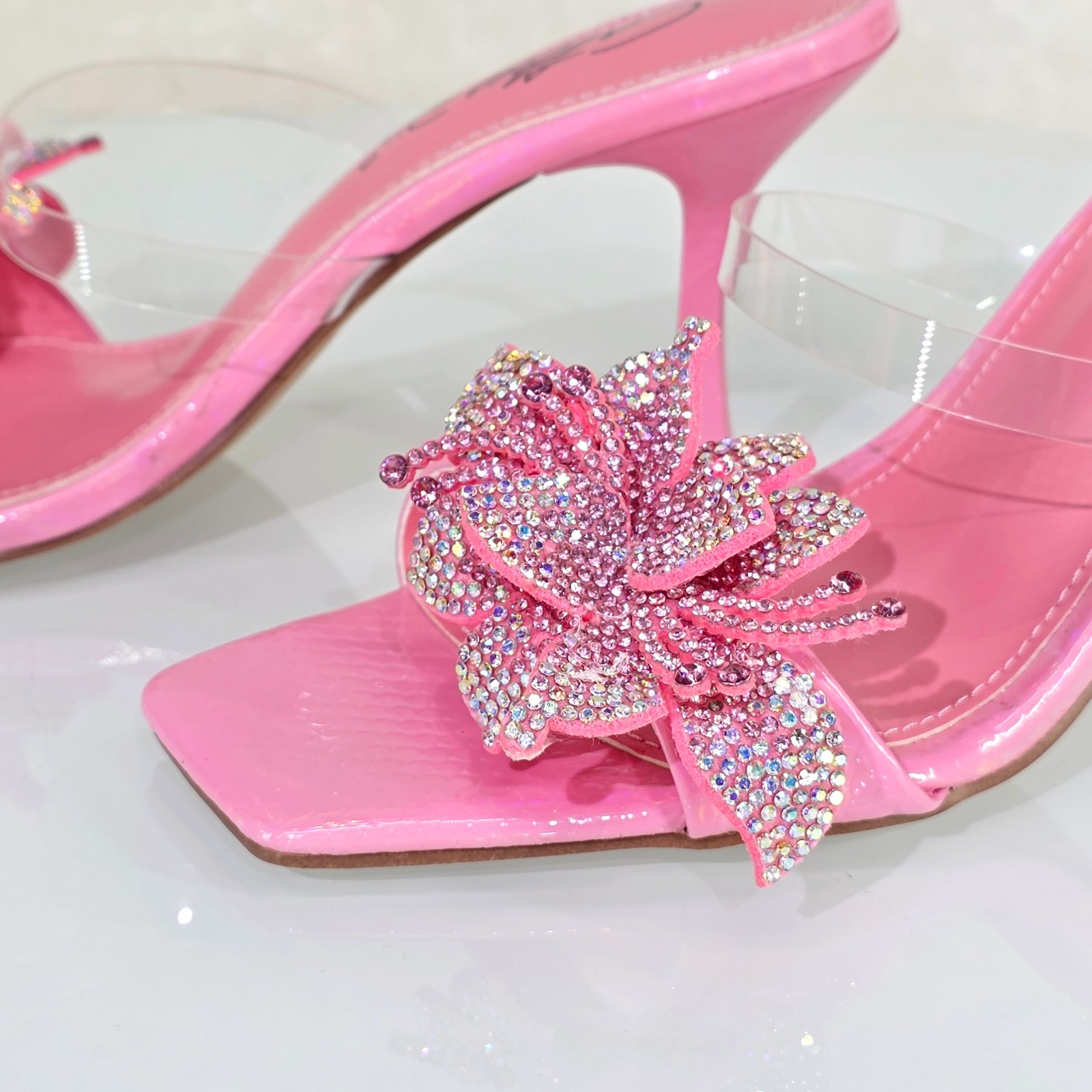 Lily Rhinestone Flower Pink Slip On 3.25″ Heel Casual Evening Party Shoes