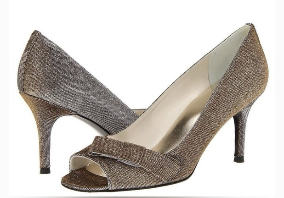 Stuart Weitzman Pyrite Nocturn Bowover Open Toe Heel Shoe Silver Gold Bronze 9 W