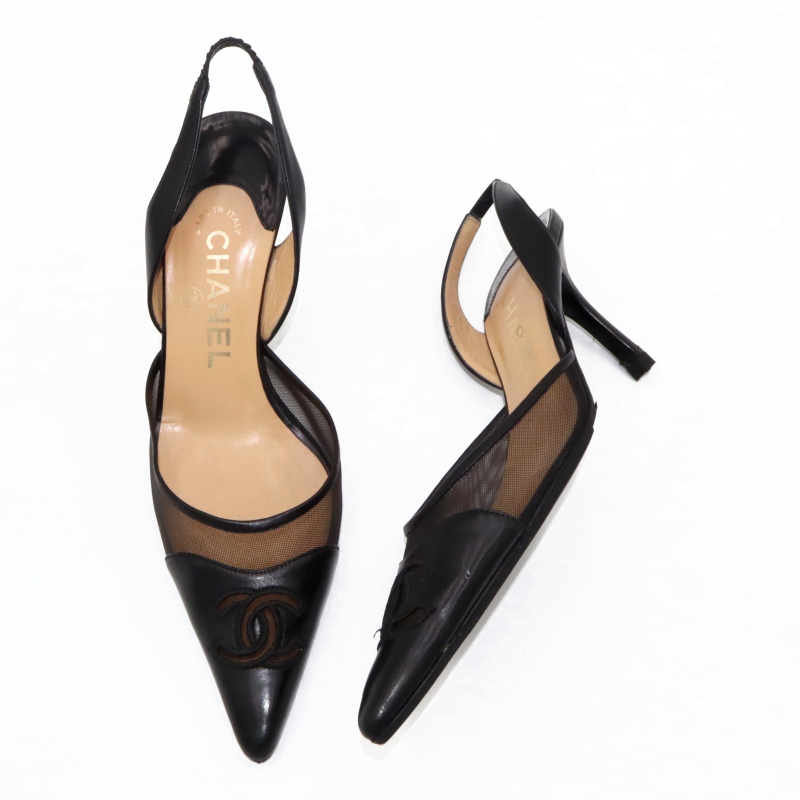 Chanel Vintage CC Mesh Leather Slingback Pumps Black Sz 36.5