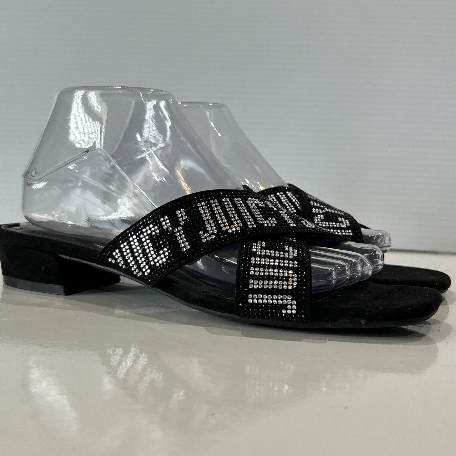 Juicy Couture 8.5 Crystal Logo Black Cross Over Sandals Bling Slip On Shoes