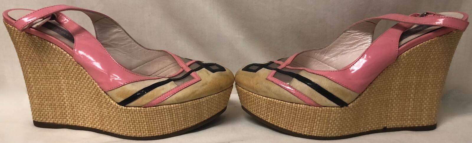 EMILIO PUCCI PINK CREAM & BLACK SATIN PATENT LEATHER SLINGBACK PLATFORM WEDGES 7