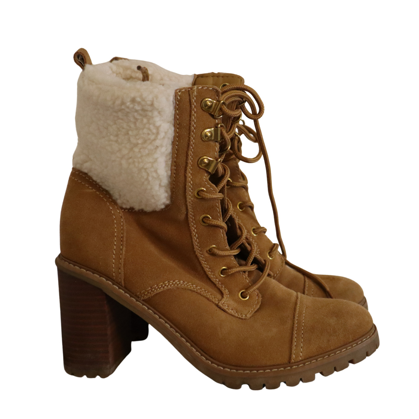 NINE WEST Boots 8 M Phaedra Lace-Up Suede Block High Heel Combat Natural Brown