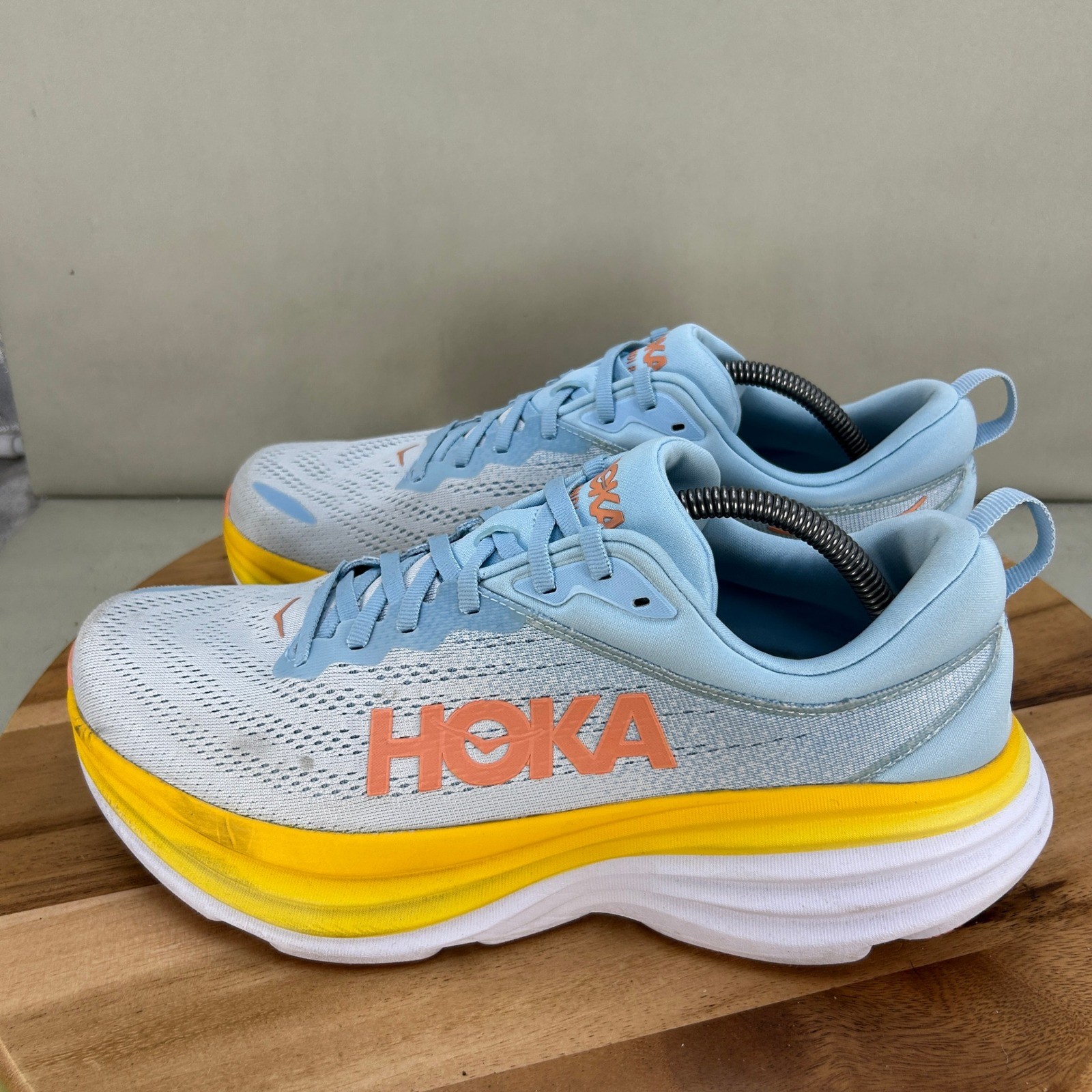 Hoka Bondi 8 Womens Running Shoes Sky Blue Yellow Cushioned Size 12 B Comfort