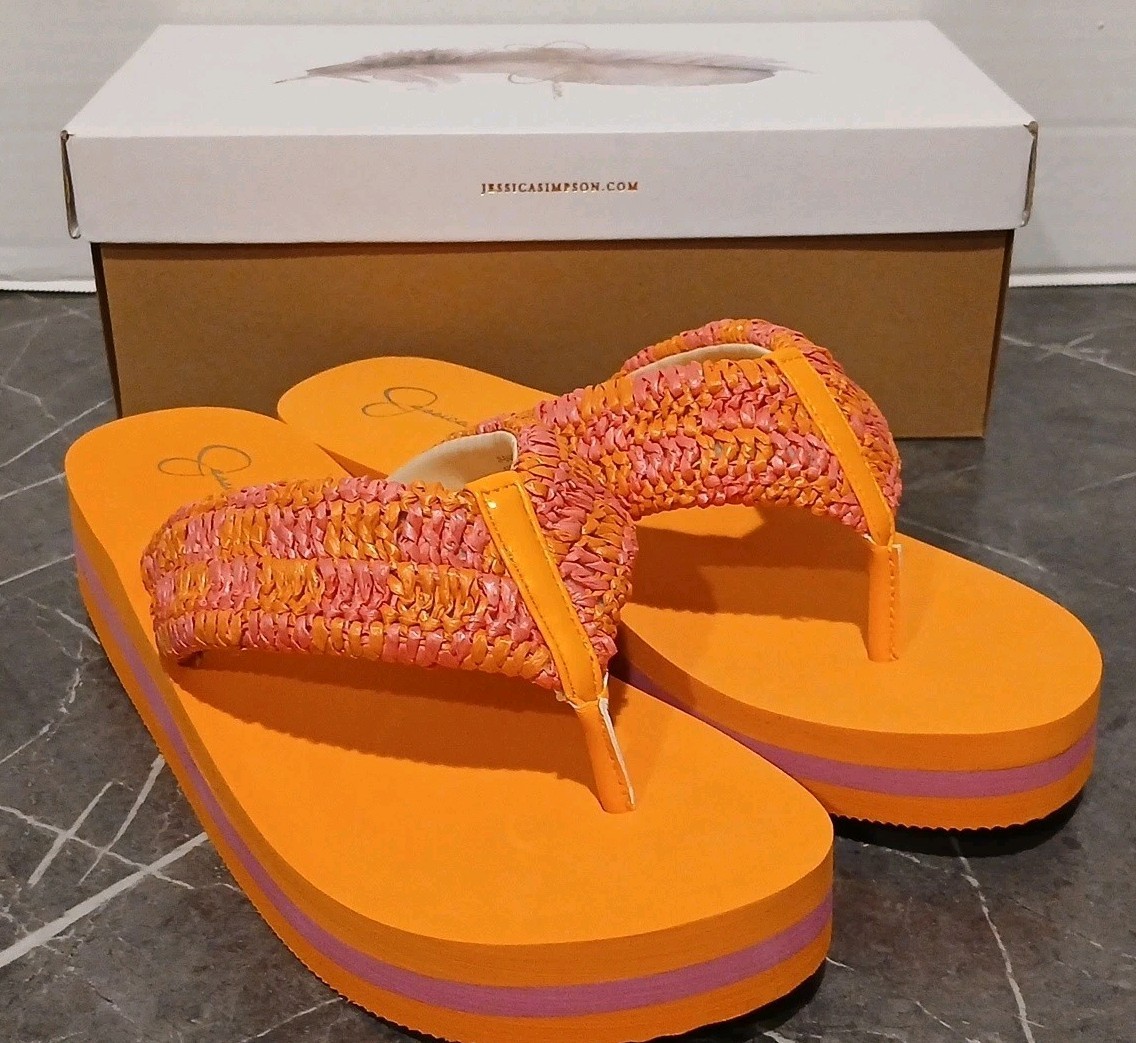 New JESSICA SIMPSON Baesal Platform FlipFlops Orange Pink Summer Size 10M