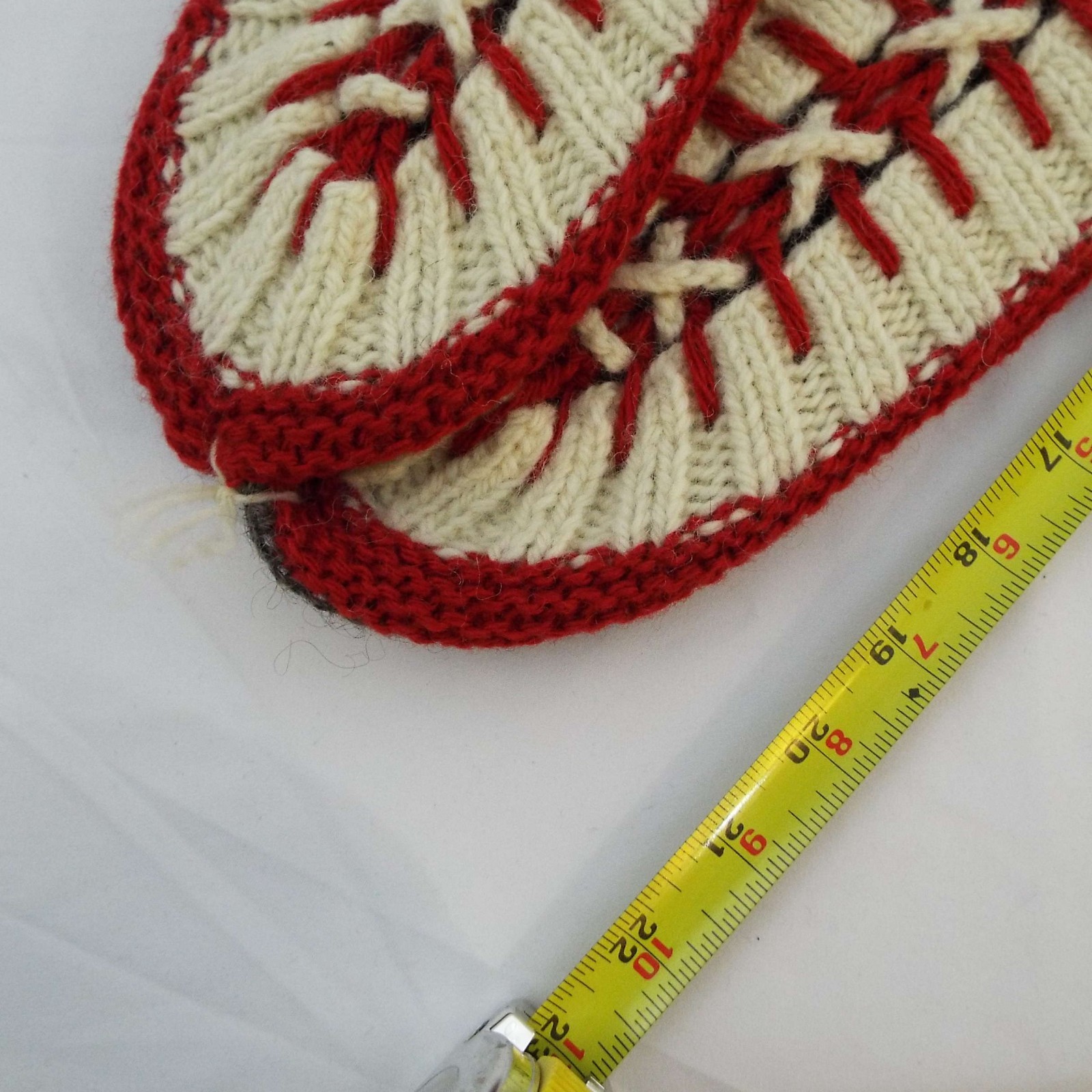 Hand Knit Women’s Red, White, Gray 21″ Lace Up Slipper Socks NWOT One Size
