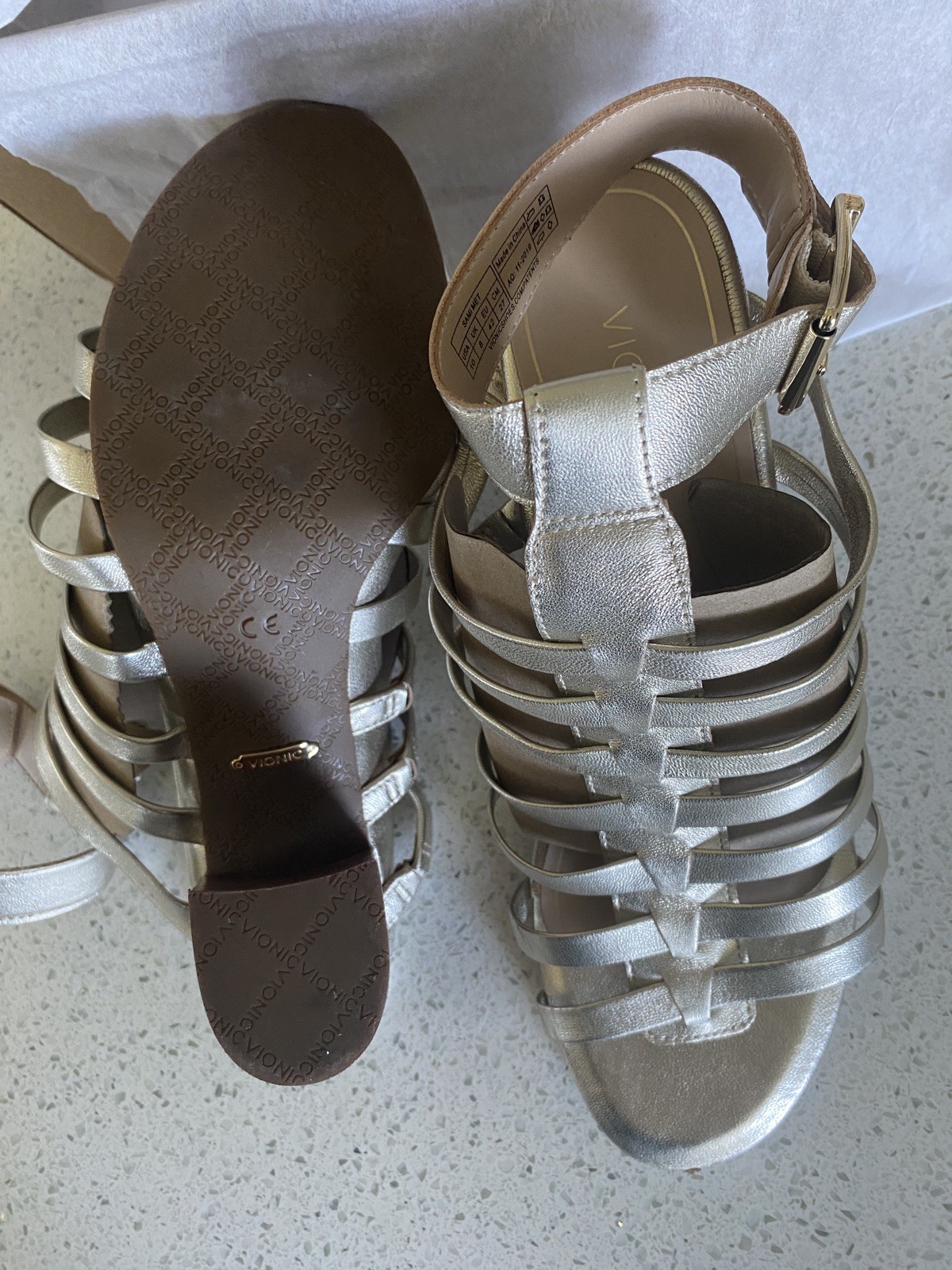Vionic Sami Metallic Sexy Strappy Sandals Block Heels Gold Champagne Size 10