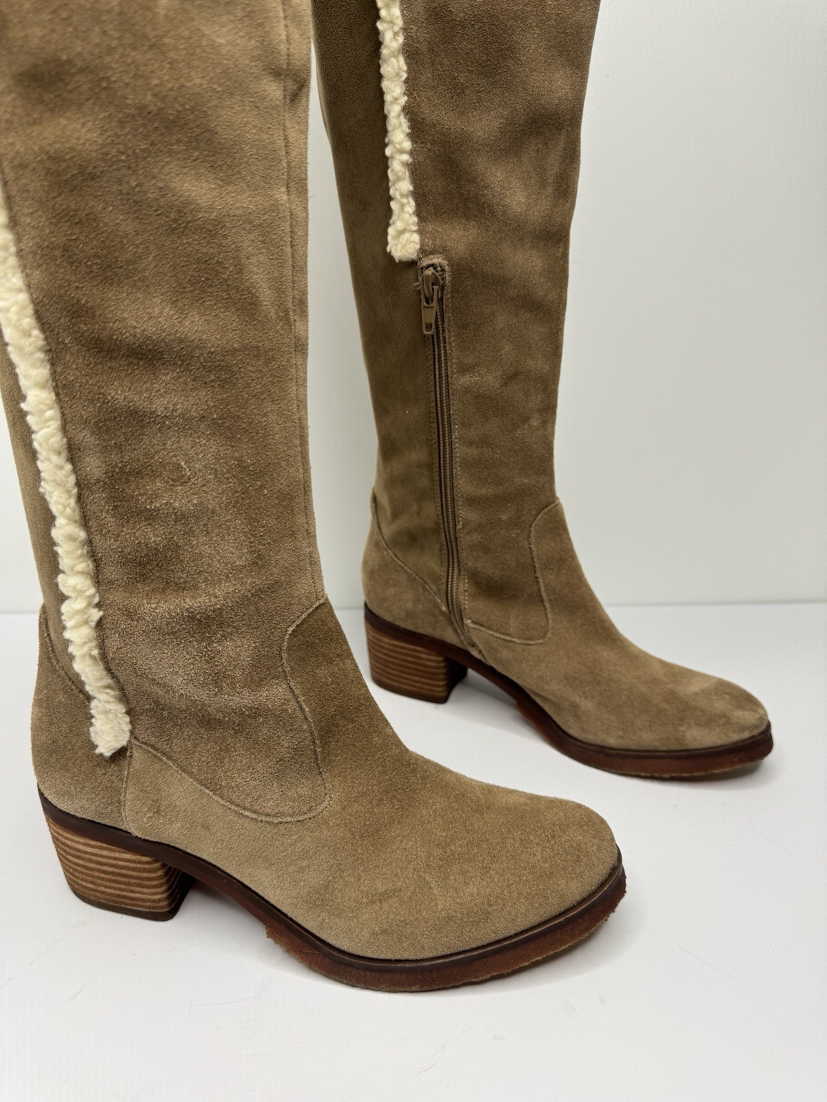 VINCE CAMUTO Shianne OTK Suede Vegan Fur Size 6.5M Taupe Women Boots