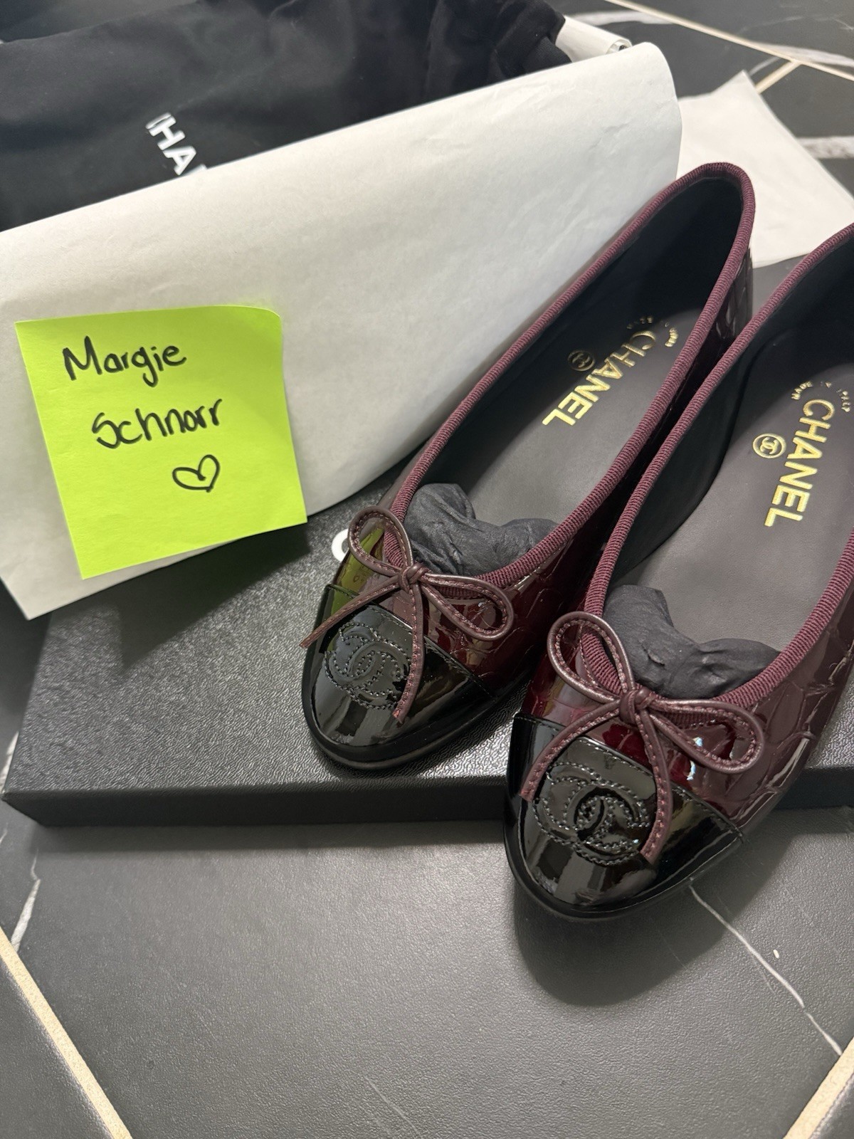 CHANEL Croc Embossed Ballet Flats, Bow Logo