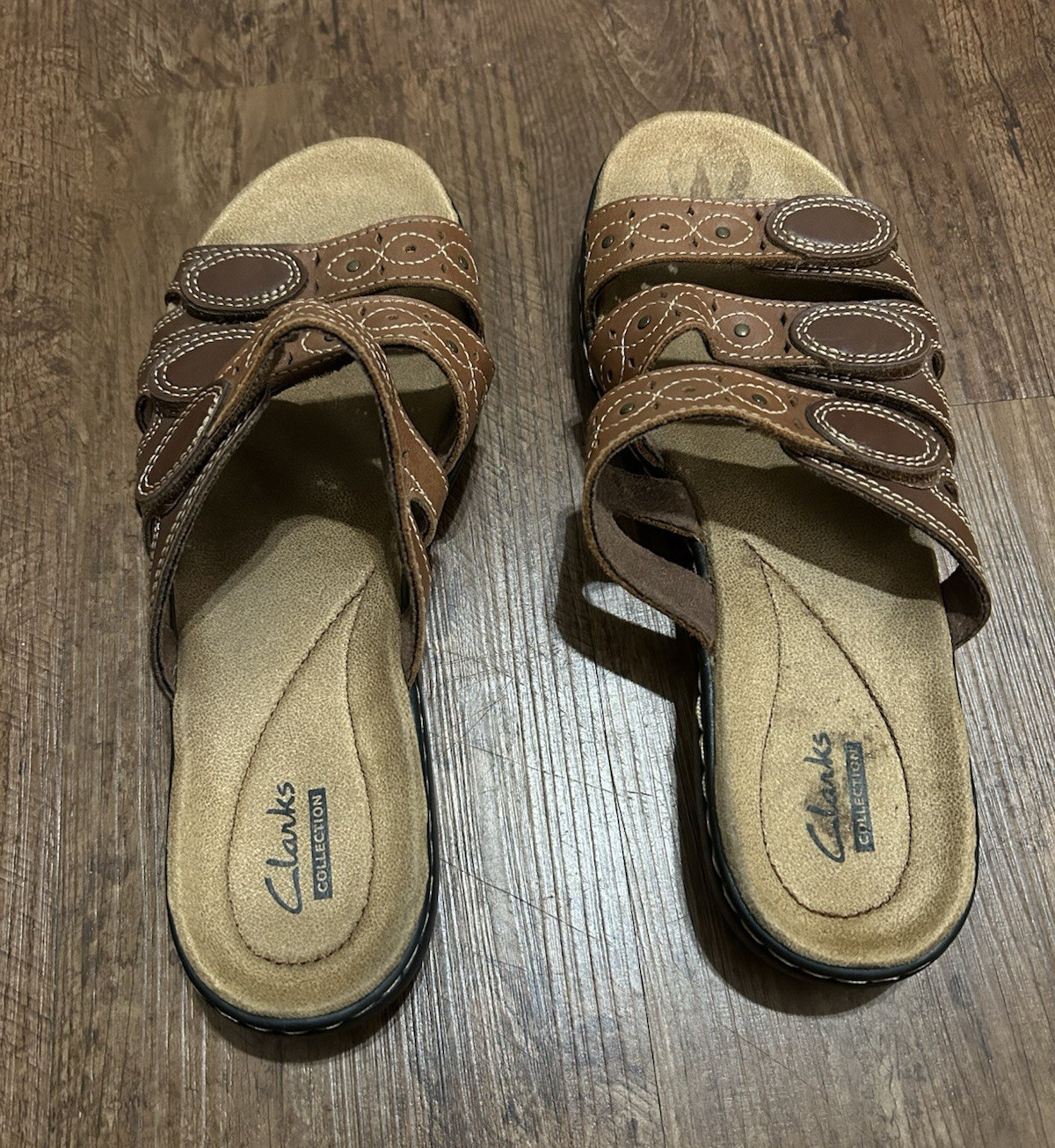 Clarks Collection Womens Brown Faux Leather Strappy Slide Sandals Slip-On 7.5