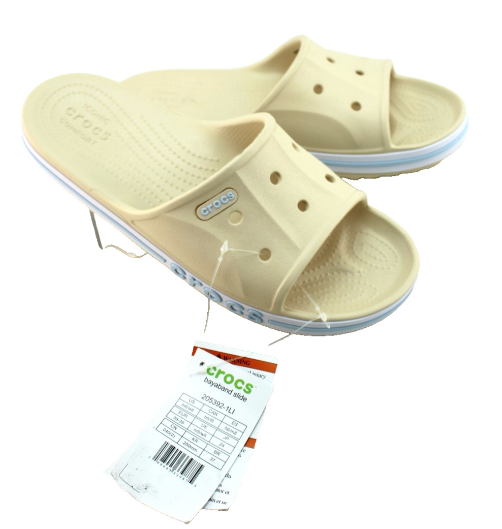New CROCS Women’s 7 Bayaband Vanilla Cream /Blue Raised Crocs Logo Slide Sandals