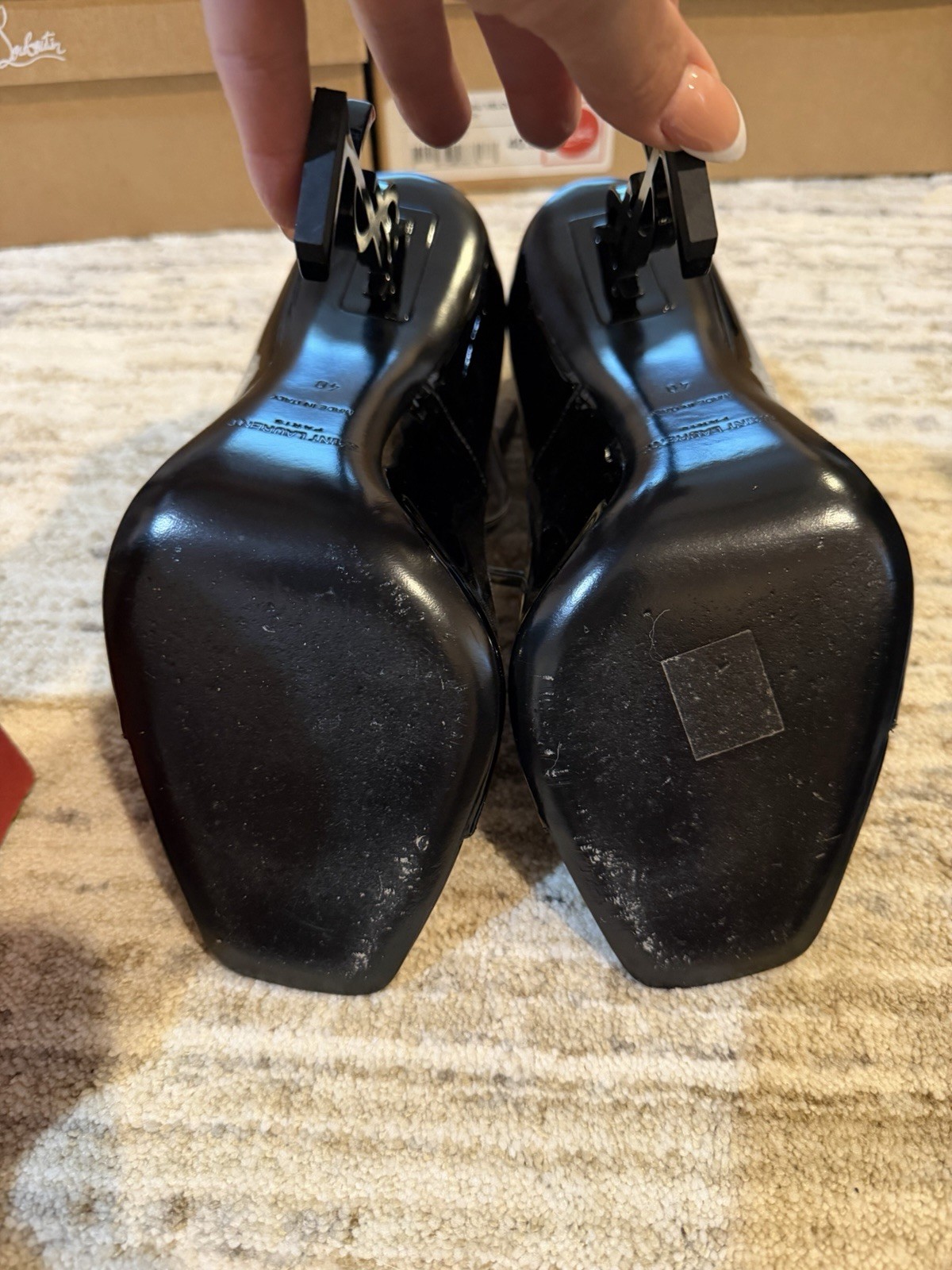Saint Laurent Black Patent Leather Square Toe Ankle Strap Heels, Size 40