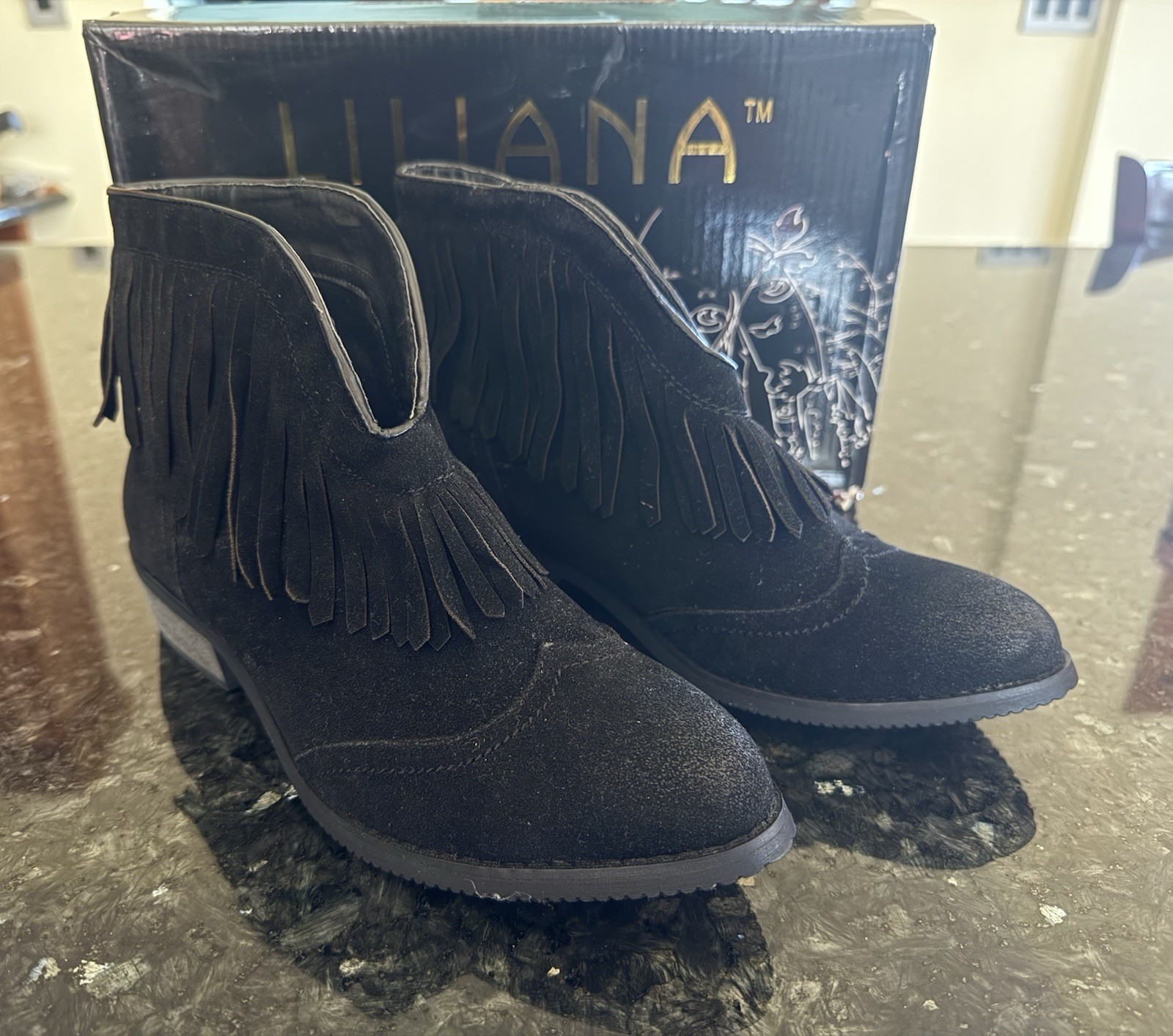 NIB Liliana Black Fringe Ankle Boots Booties Size 7 Vegan Suede Theory-1