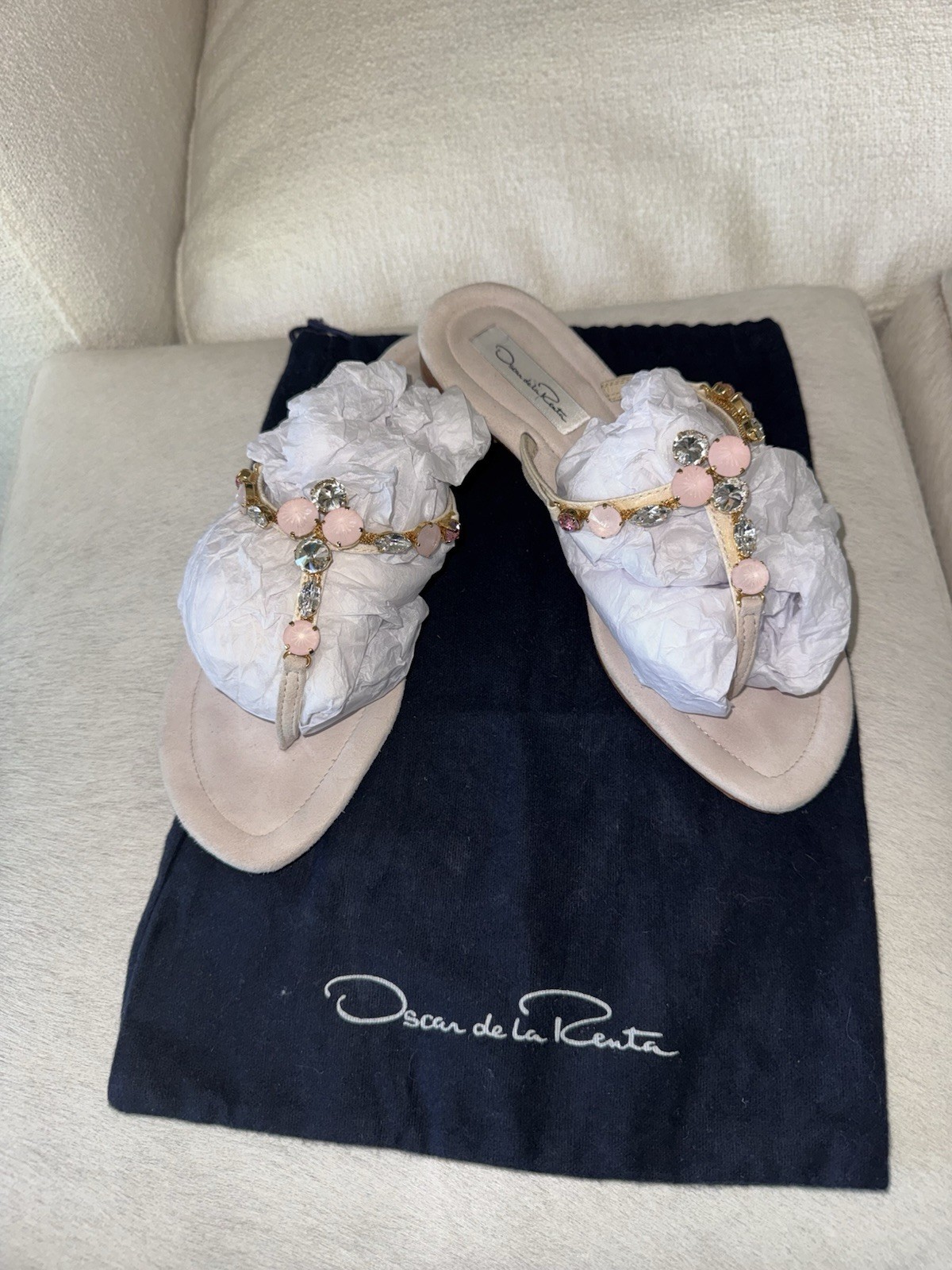 Oscar De La Renta Pink Suede & Rhinestone Embellished Sandals EU38.5 US 8.5