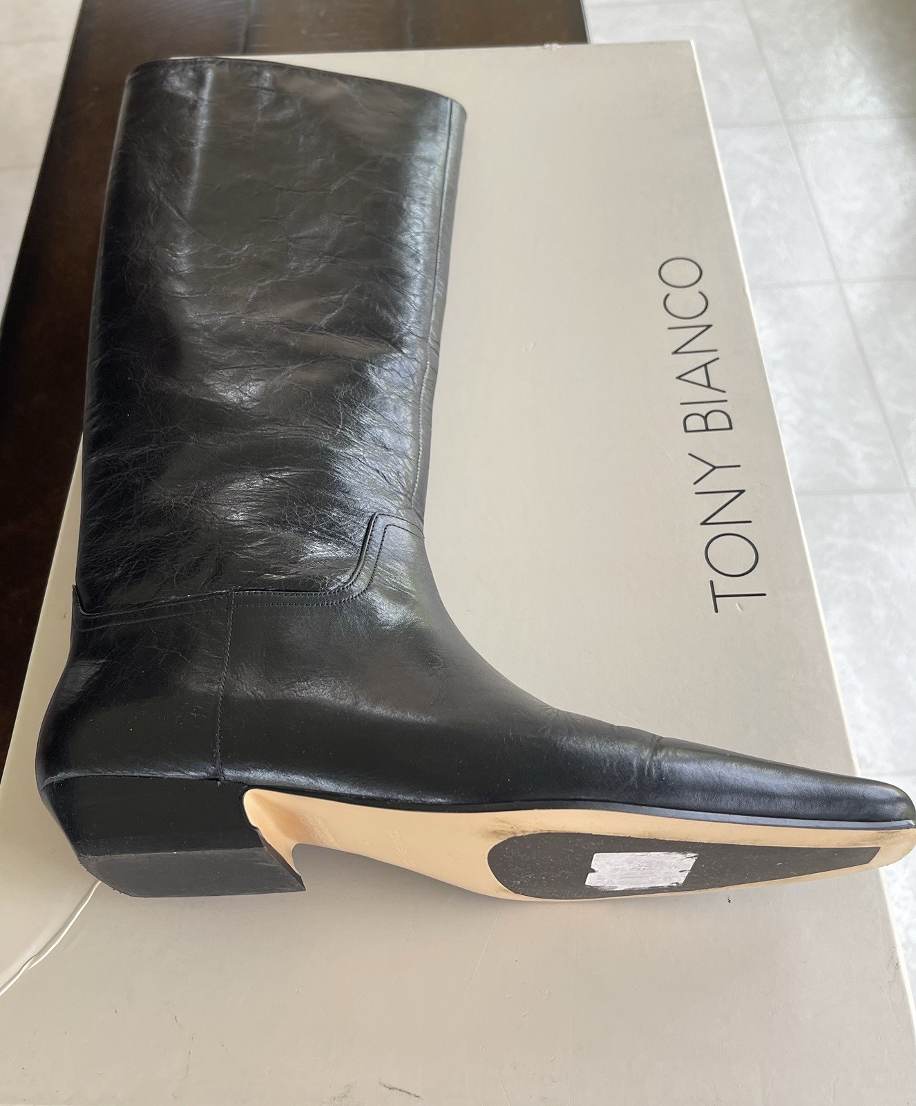 Tony Bianco Women’s Black Leather Knee High Zip Boots Almond Toe Block Heel 7