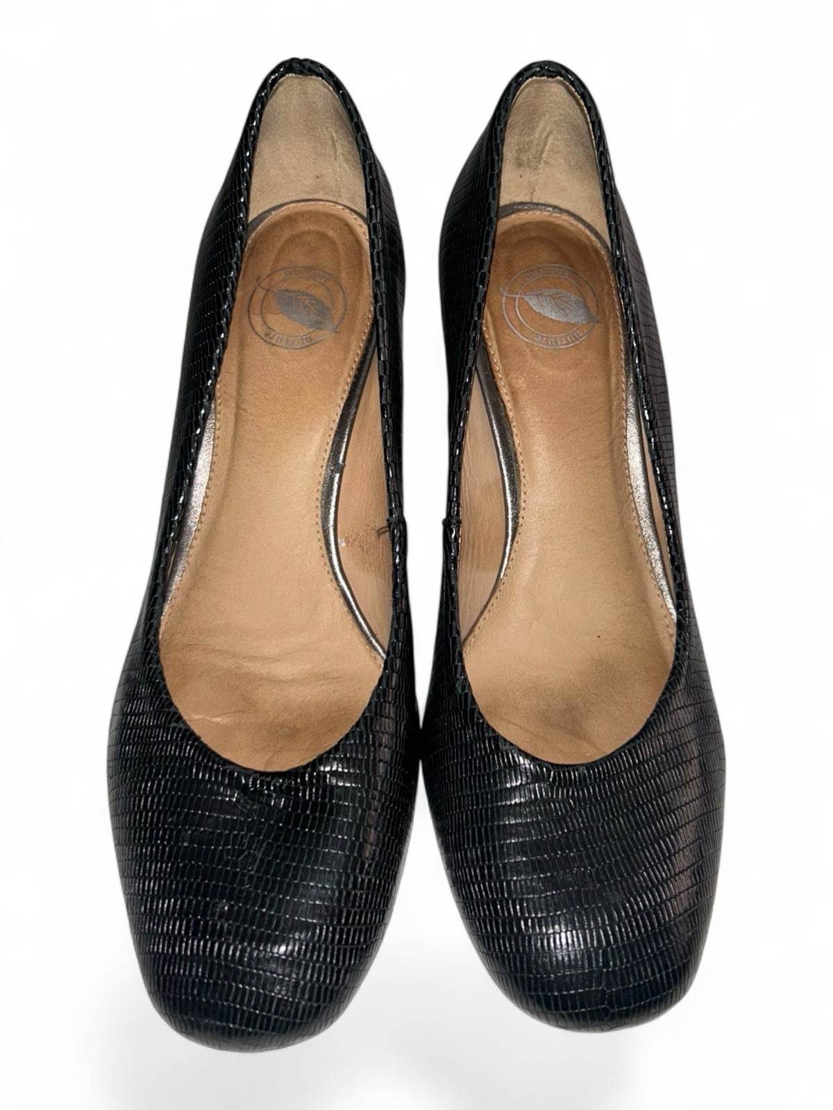 NURTURE by Lamaze Black Embossed Leather Round Toe Deon Pump Size 7 M Wedge Heel
