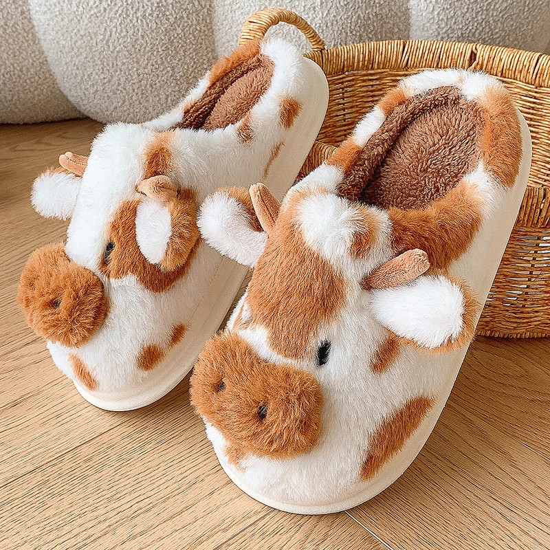 Fluffy Women’s Slippers Home Cartoon Cow Designer Winter Shoes Girls Flat Trend