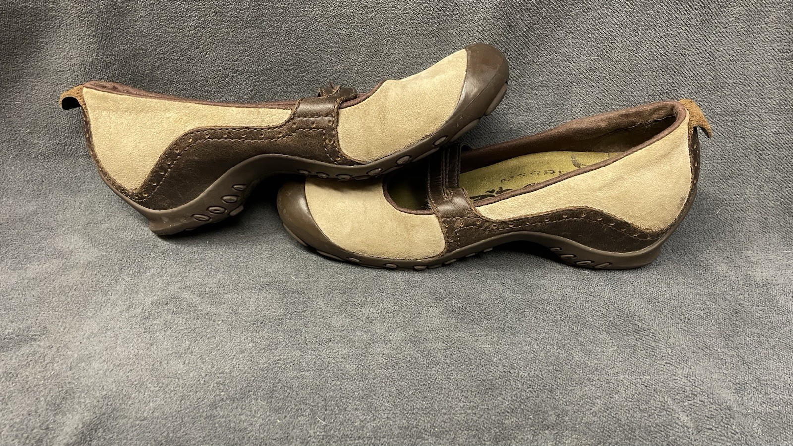Merrell Plaza Bandeau Dark Taupe Suede Mary Jane Wedge Shoes J46404 Size 7.5
