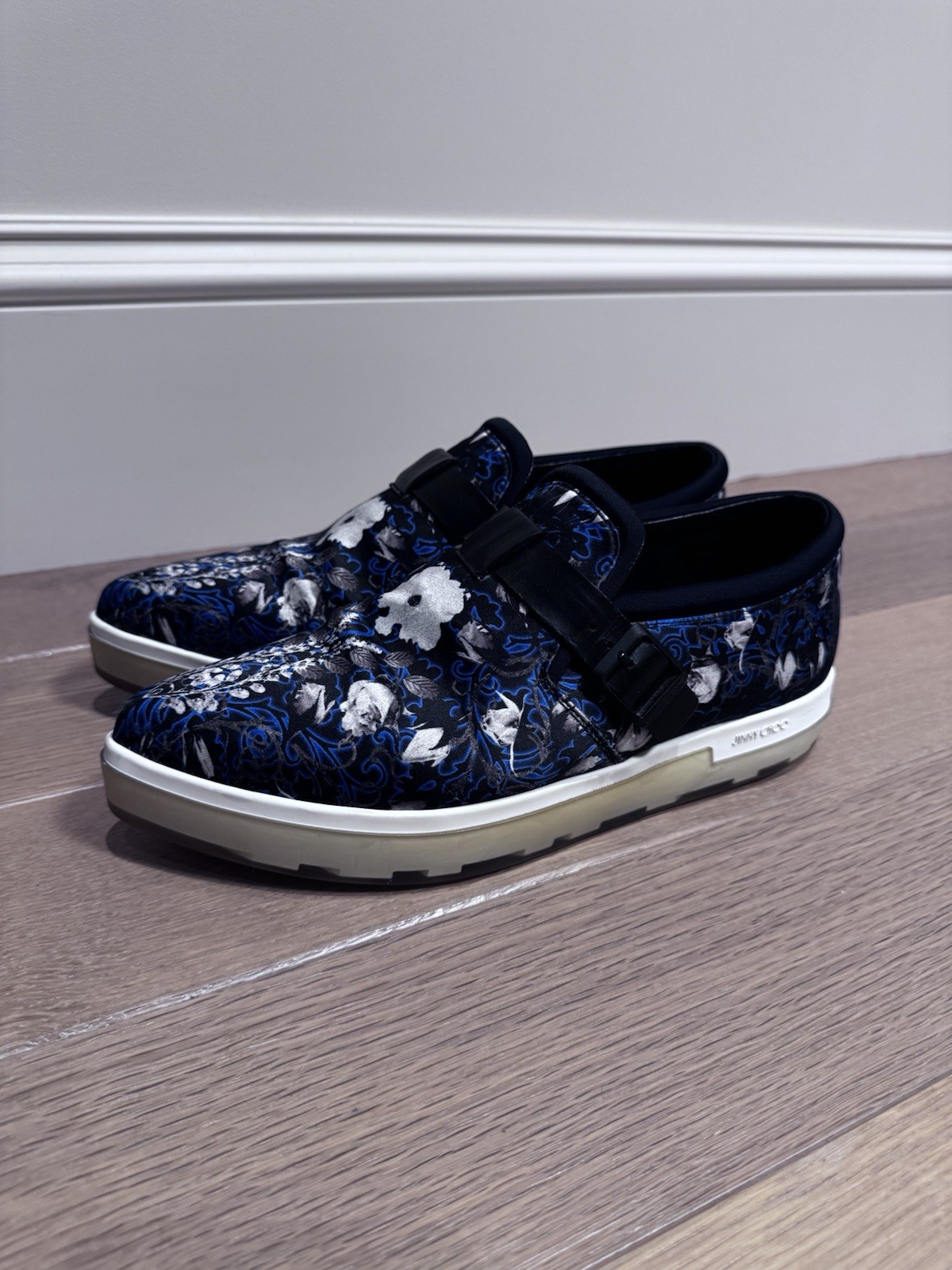 Jimmy Choo Women’s Floral Slip On Sneakers Blue Black White EU 37 Luxury Shoes