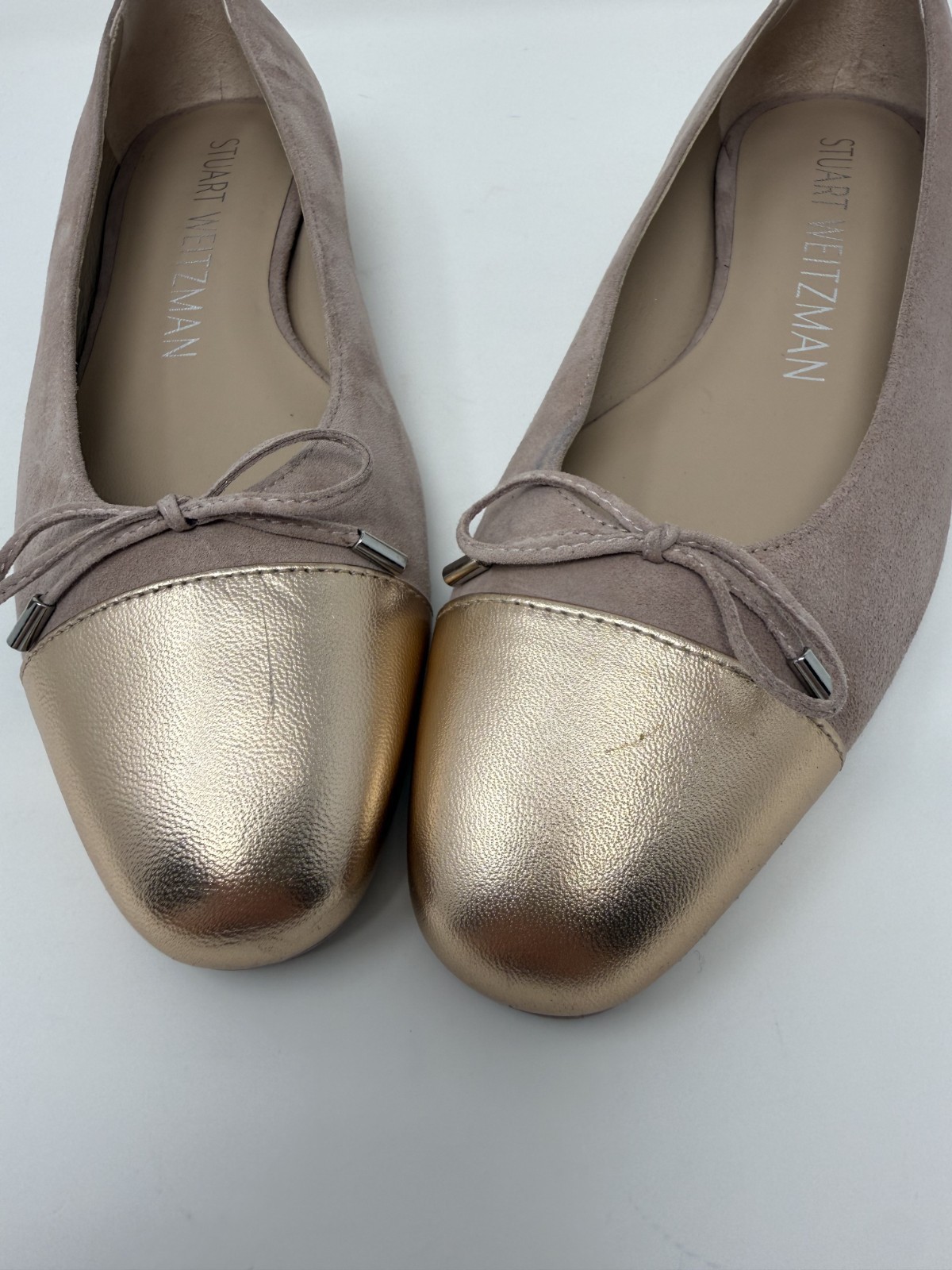 New Stuart Weitzman Sleek Suede Cap Toe Bow Flat Fawn Sz 8.5
