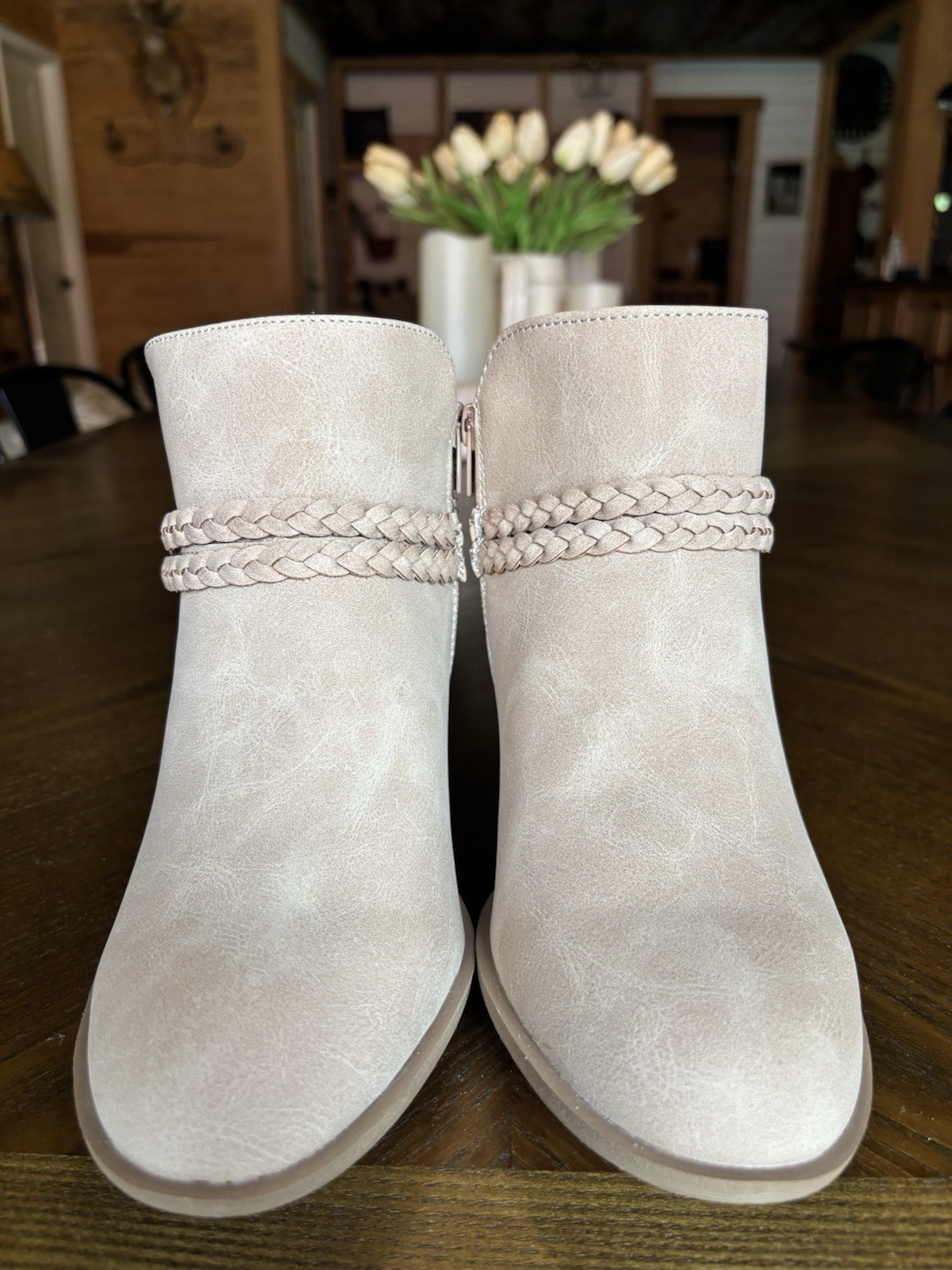 Sugar Sandlot Braided Strap Ankle Booties Women’s 8 Nude Beige Block Heel NIB